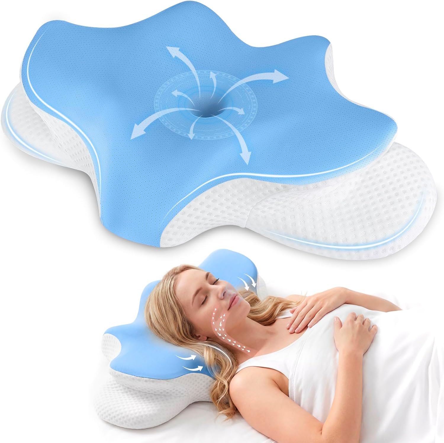 Cervical Neck Pillow for Pain Relief, Ergonomic Contour Pillow for Sleeping, 2 Heights Cooling Pillow for Neck and Shoulder Support, Memory Foam Orthopedic Pillow for Side Back Stomach Sleepers Blue - Amazon product rated Grade C