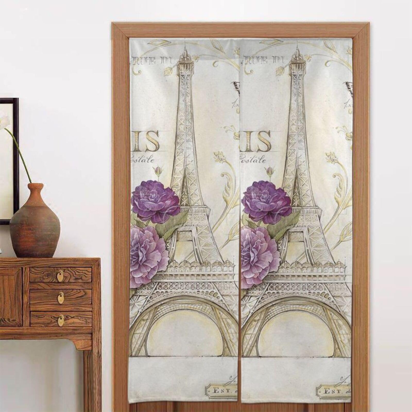 Rideau japonais Noren marron clair Tour Eiffel 86x142 cm BAFAFA