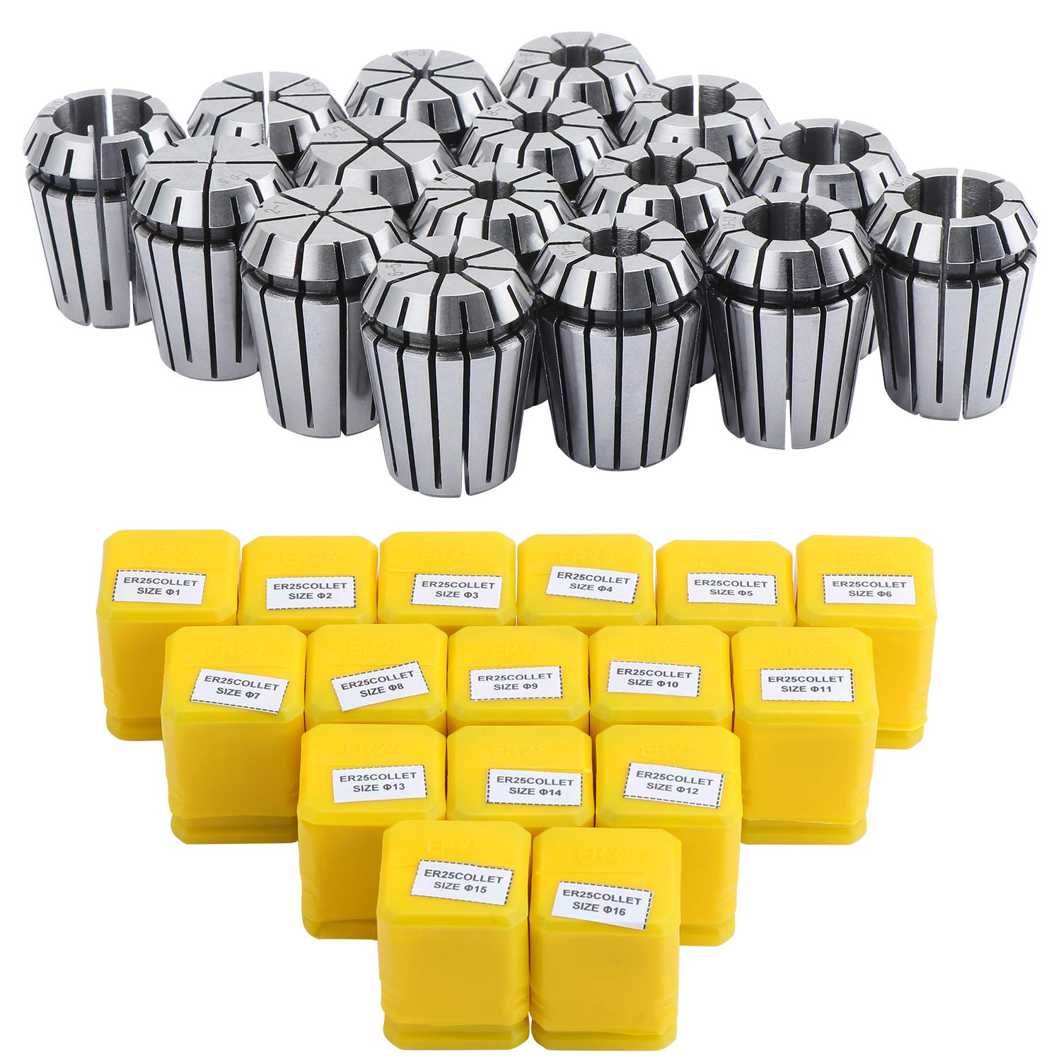 HSEAMALL Set di pinze ER25, 16 pezzi, mandrino pinza ER25, supporto da 1 a 16 mm, set di pinze a molla ER25 per lavorazione CNC, utensile per incisione e fresatura