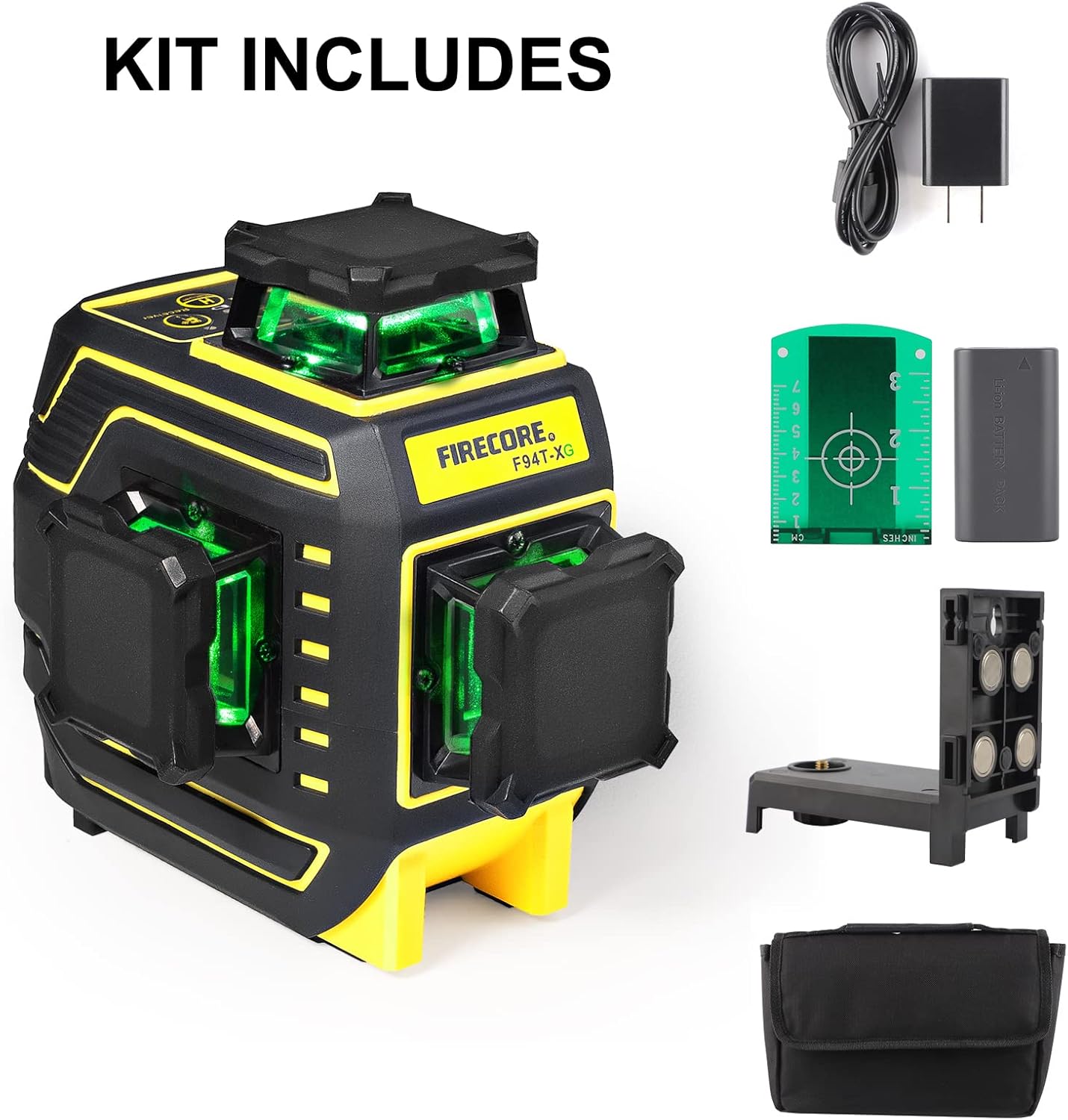 Components included with the Firecore F94T-XG Laser Level kit.