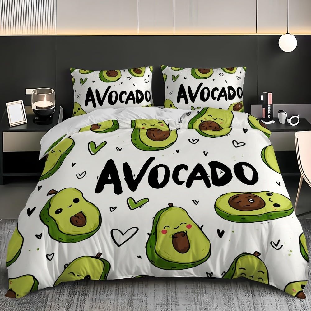 3-częściowy komplet pościeli z mikrofibry, z zamkiem błyskawicznym, motyw awokado, 240 x 220 cm i 2 poszewki na poduszkę 80 x 80 cm, biała, miękka, oddychająca poszwa na kołdrę dla dorosłych