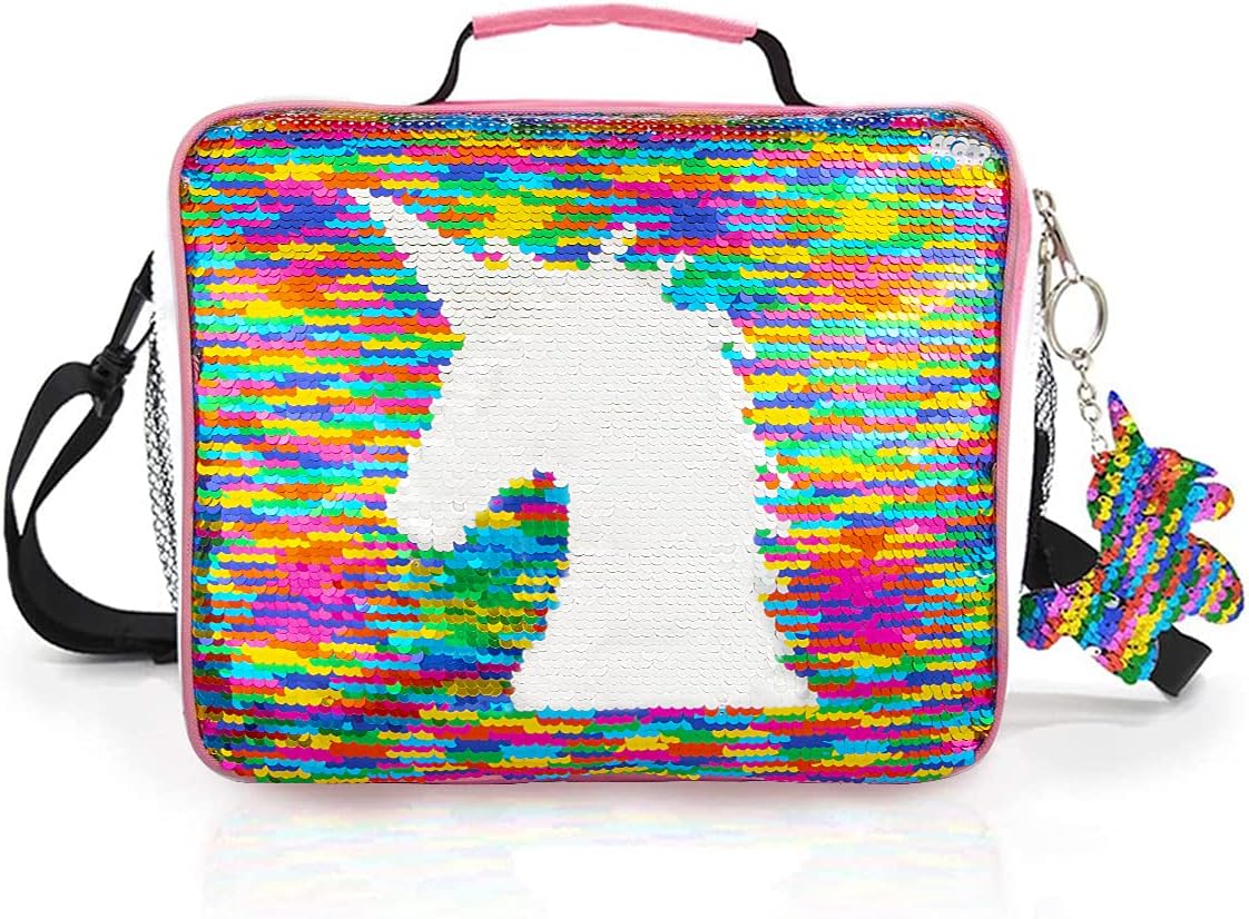 JYPS Insulated Unicorn Lunch Box for Kids, Flip Sequin Girls Tote Lunch Bags with Shoulder Strap, Handheld Reusable Lunch Box Bags Christmas Gifts for Girls at School