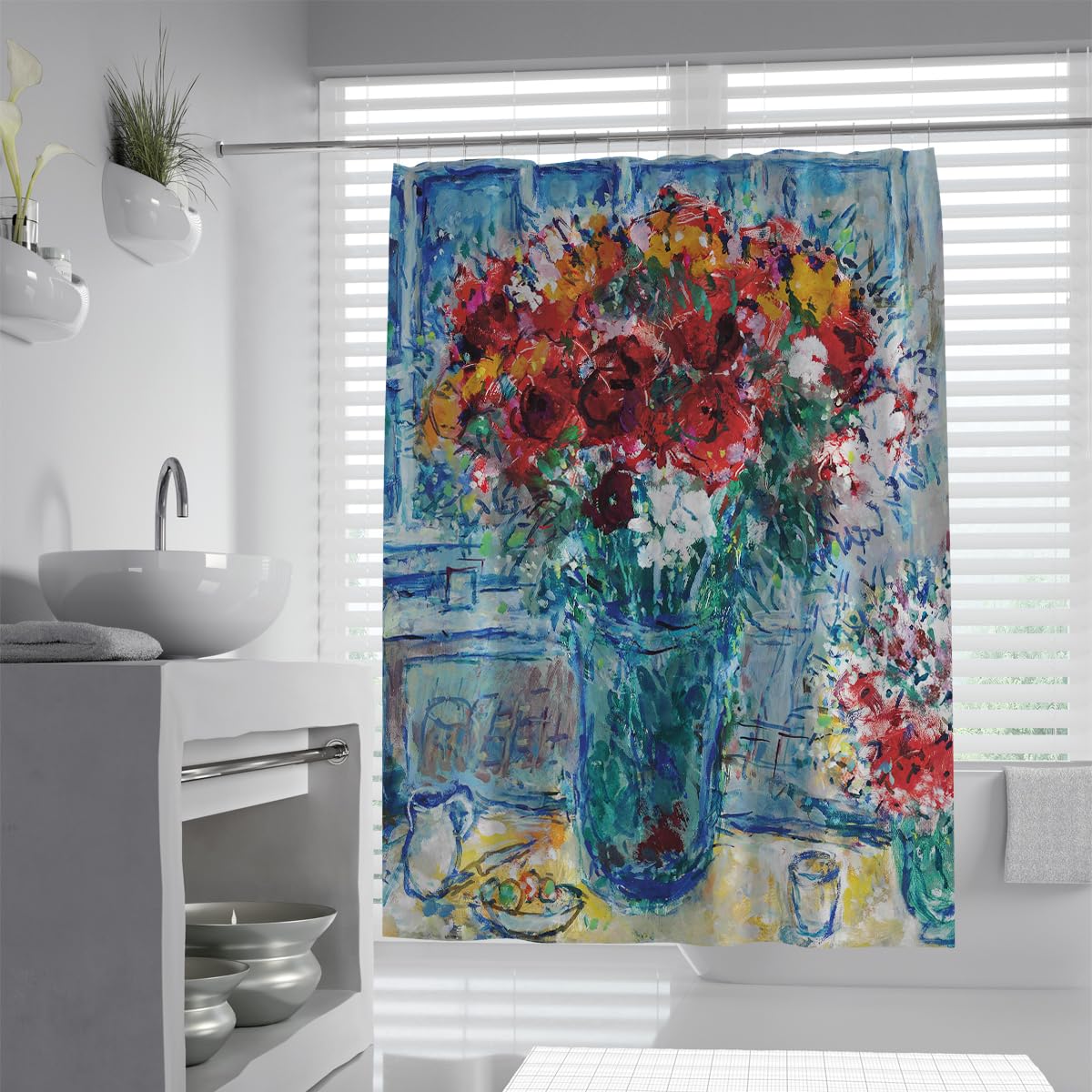 Romantischer Retro-Duschvorhang Surrealistische Kunst Badezimmervorhang Roter Rosenblumenstrauß Blaue Glasvase Malerei Stoff-Badevorhänge 200 x 220 cm