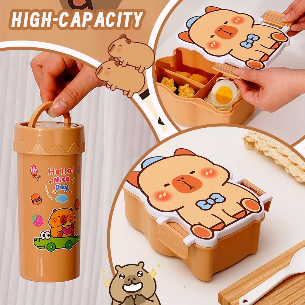 Borsa Per Il Pranzo Capybara E Bambini Con Bicchiere e Porta Pranzo,Set Da Pranzo Per La Scuola,Borsa Termica Lunch Bag Porta Pranzo Al Sacco Cartoni Animati Per Viaggi,Lavoro,Scuola