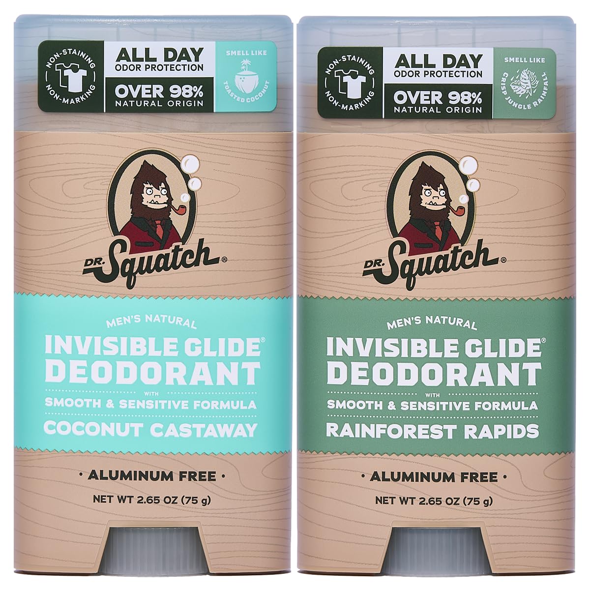 Dr. Squatch Invisible Glide Natural Men’s Deodorant – Smooth Glide, No Stains – Aluminum Free Deodorant Men – Safe for Sensitive Skin – Coconut Castaway + Rainforest Rapids, 2.65oz (2-Pack)