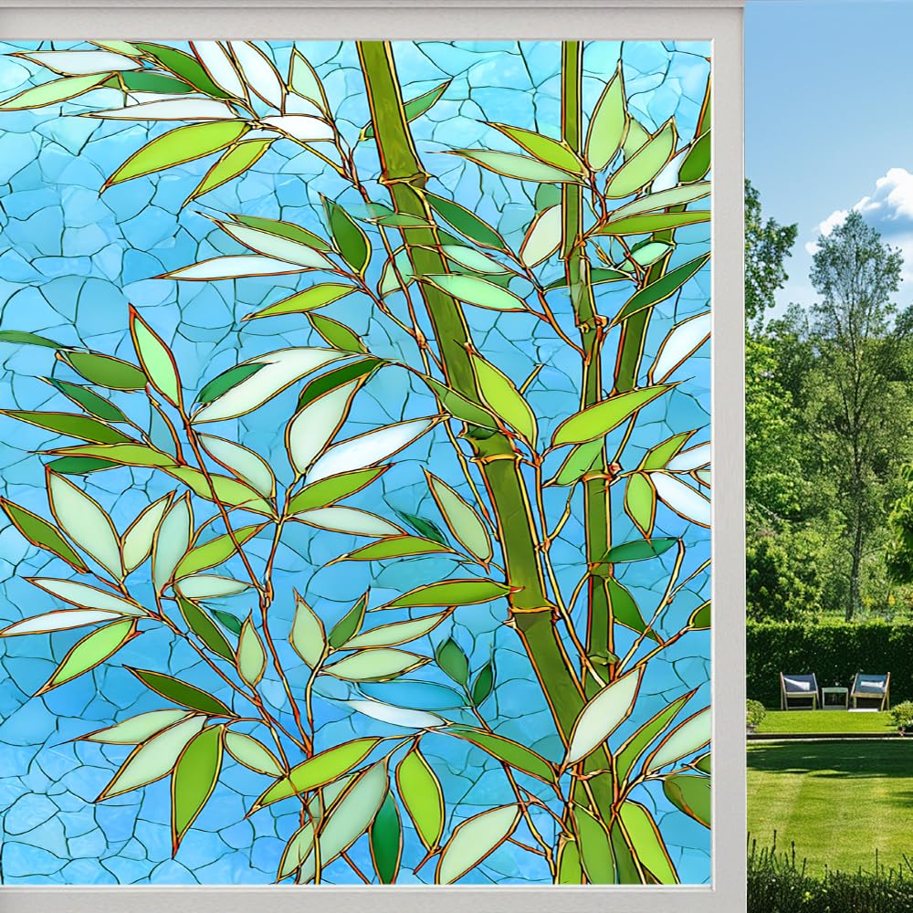 Pmlbaous Green Plants Stained Glass Window Film, Nature Bamboo Forest Peel And Stick Privacy Film, Frosted Adhesive Vinyl Decorative For Bathroom Windows Glass Doors, （70X120cm）