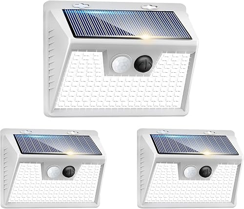 Miniatura 28 de Peasur Luces solares con sensor de movimiento para exteriores, paquete de 2 140 luces LED para valla, impermeable, marco blanco, iluminación de