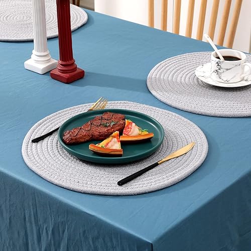 Miniatura 4 de Paquete de 6 manteles individuales tejidos de algodón, 13.8 pulgadas, cargadores de placas redondas, color gris, juego de manteles individuales
