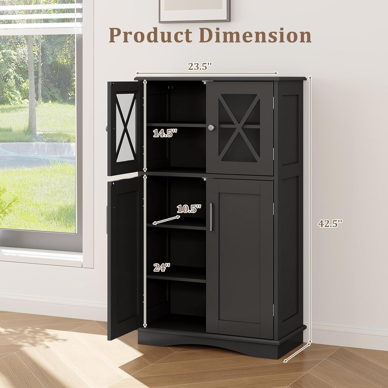 Black MDF Living Room Cabinet with Adjustable Shelving and Glass Doors