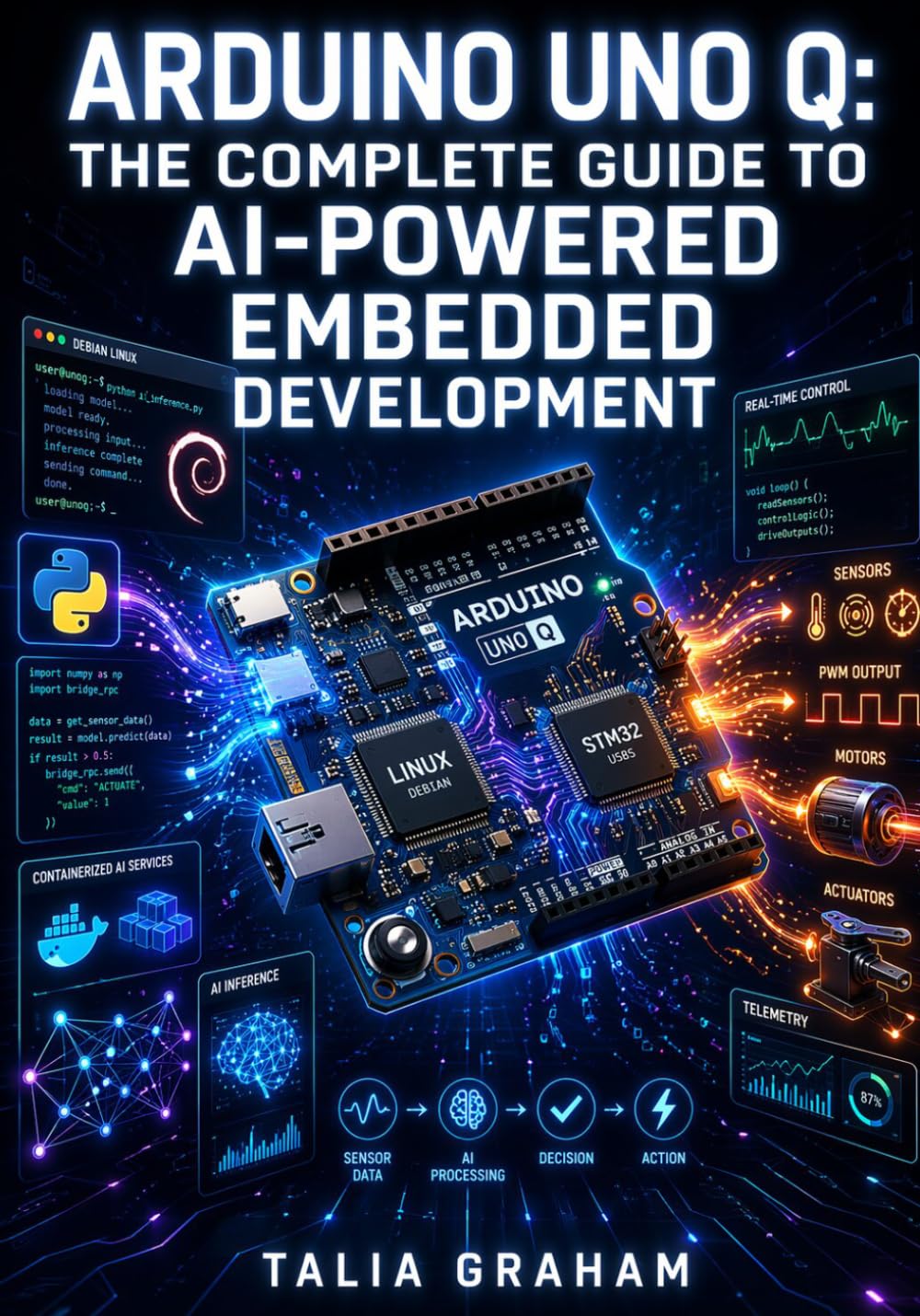 ARDUINO UNO Q: THE COMPLETE GUIDE TO AI-POWERED EMBEDDED DEVELOPMENT: Combine Python Scripts, Arduino Sketches, and Containerized AI Models with Debian Linux and STM32 Real-Time Control