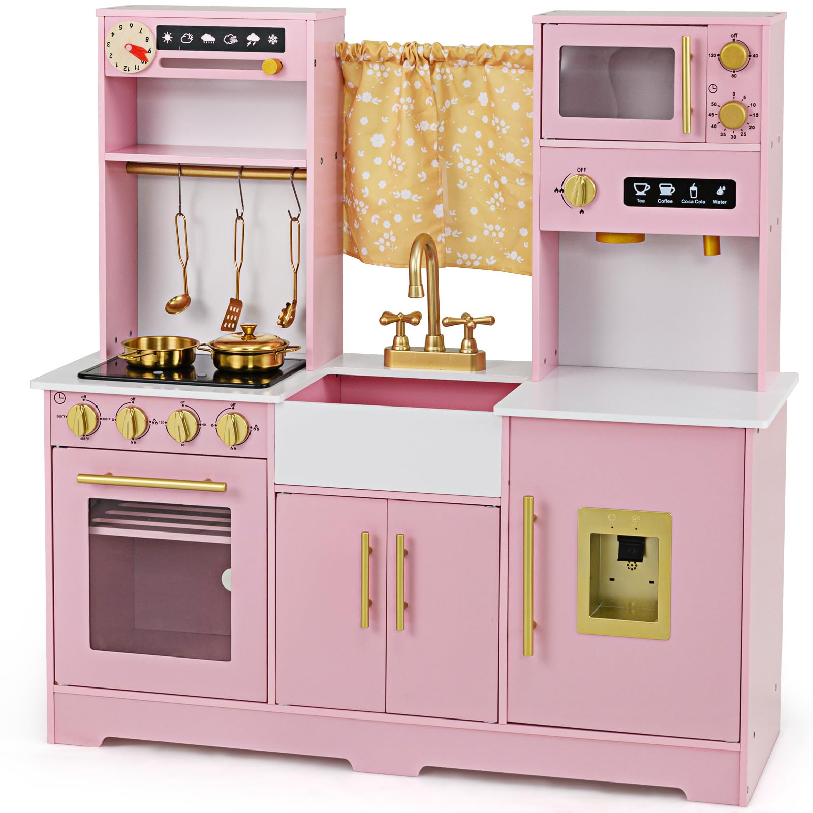 COSTWAY Kinderkeuken met houten kookgerei, speelkeuken met