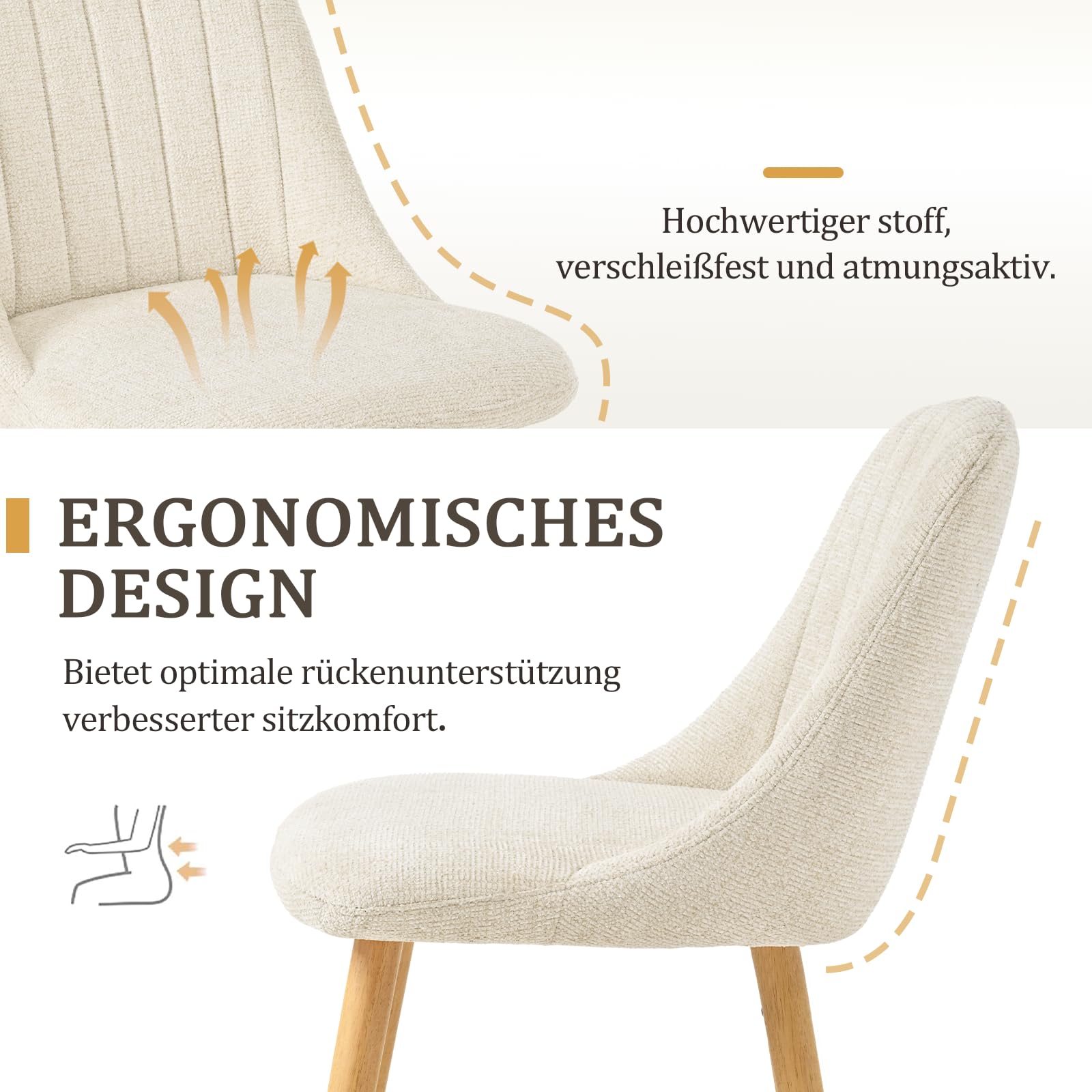 Lot de 6 Chaises de Salle à Manger Blanches avec Pieds en Bois, Chaises Rembourrées en Tissu Chenille, pour Cuisine, Salle à Manger, Salon et Bureau