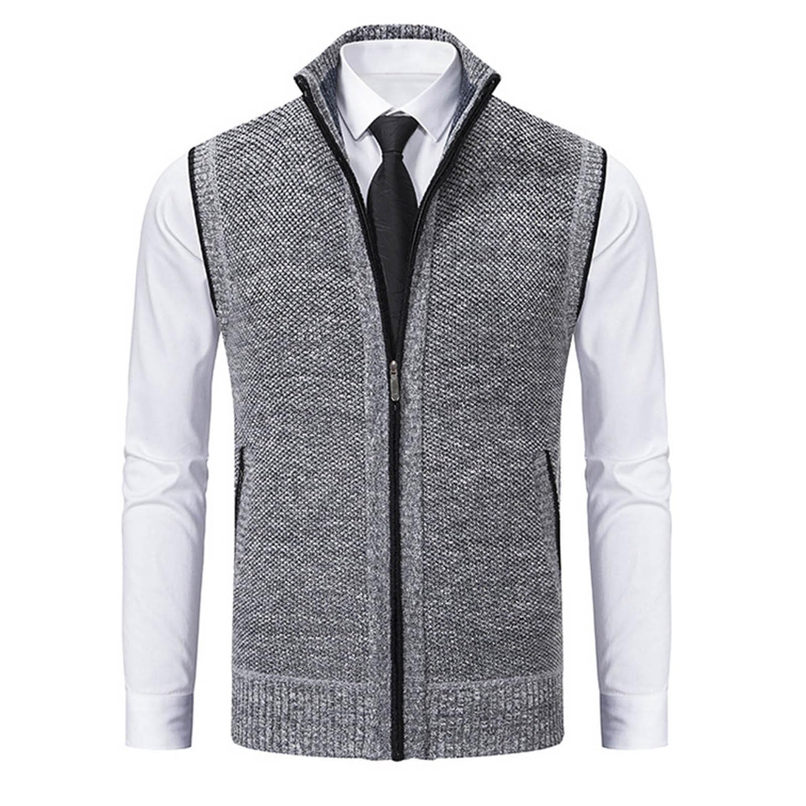 Homme Gilet Zippé Chandail Pull sans Manche Automne Classique Gentleman Tricots Cardigans Débardeurs Doublure Polaire Gilets Pulls