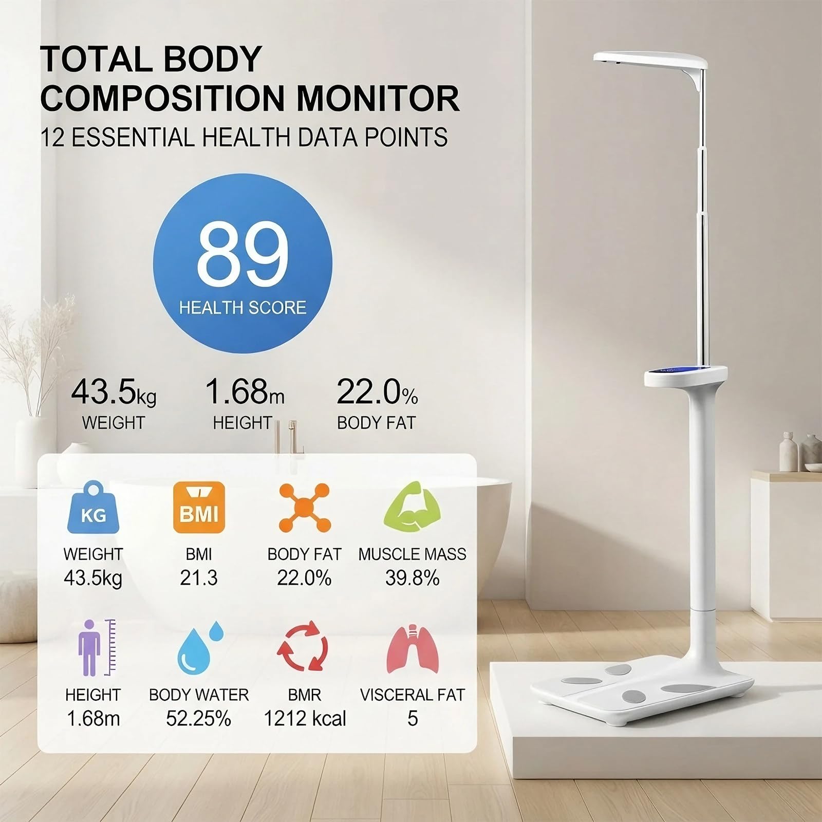 Bilancia Pesapersone Professionale, Bilancia Impedenziometrica Digitale, Altezza 80-195cm, Analizzatore di Grasso Corporeo e Altezza ad Ultrasuoni per Uso Domestico