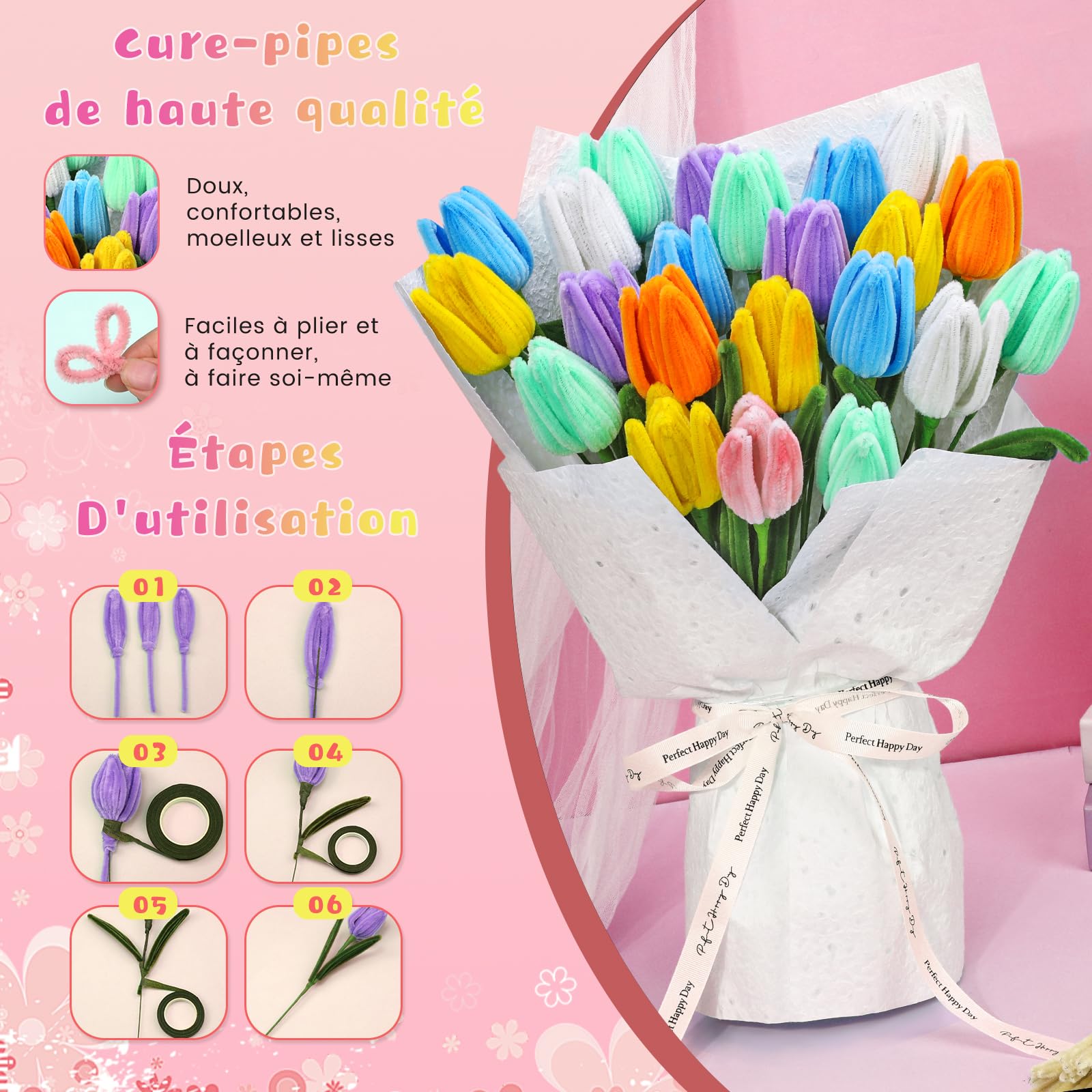 550 Pièces Fil Chenille, 8 Couleurs Cure Pipe Kit de Fabrication de Fleurs Chenille Loisir Creatif Kit de Fleurs en Forme de Pipe de Pour Décoration de Festival, Fournitures Artisanales