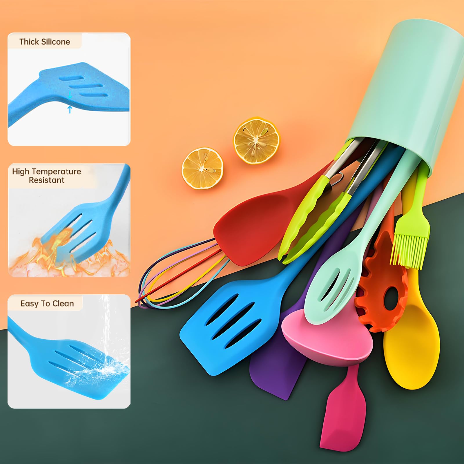 Juego de 12 utensilios de cocina de silicona resistentes al calor con cucharón, volteador, pinzas, tenedor de pasta, cuchara, espátula pequeña, soporte, antiadherente, apto para lavavajillas