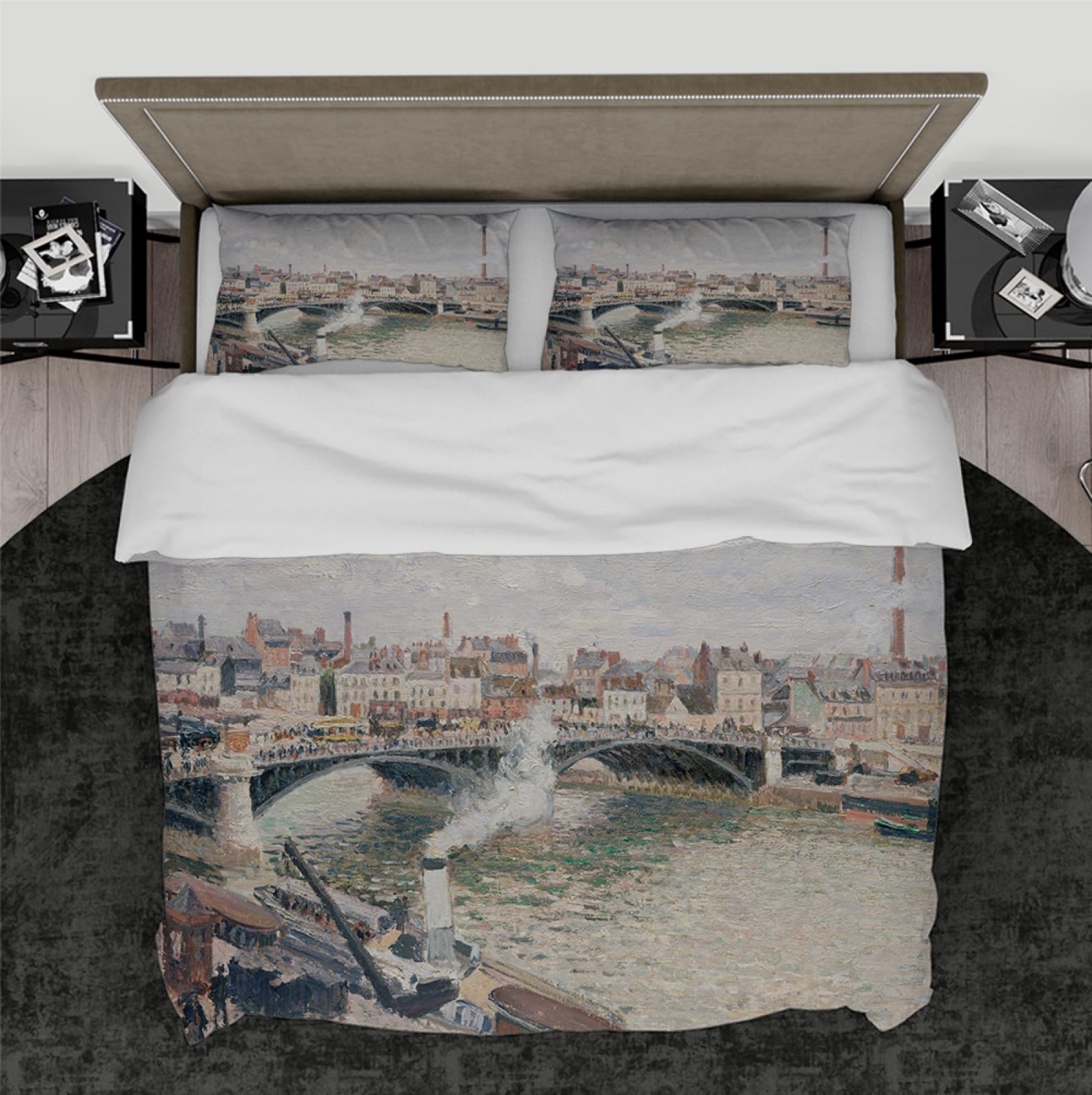 Pissarro malarstwo artystyczne, 3-częściowy zestaw pościeli Urban Canal Landscape Print poszewka na kołdrę 2 poszewki na poduszkę z zamkiem błyskawicznym, miękkie zestawy pościeli, 260 x 240 cm