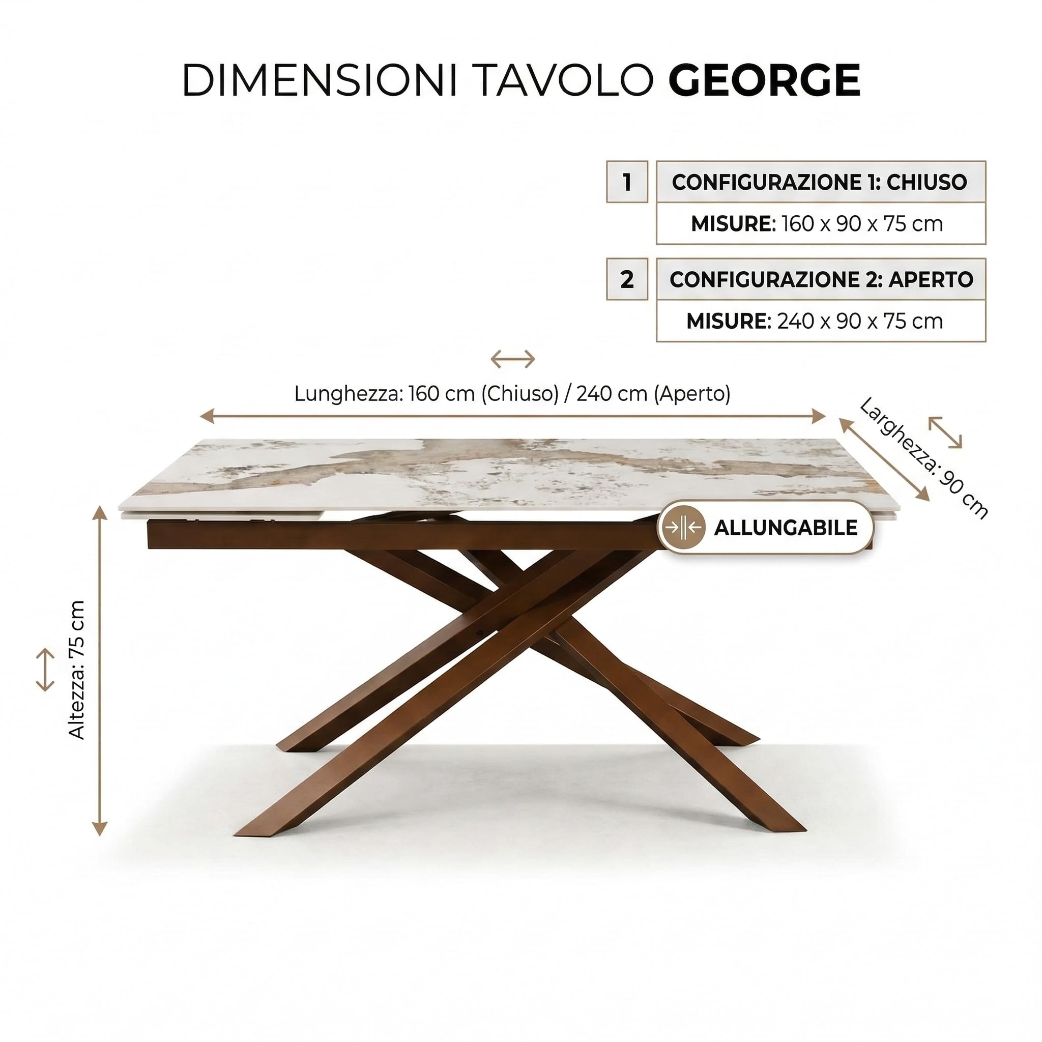 Cribel George Tavolo Allungabile Con Piano in Gres Porcellanato Effetto Marmo Kashmir Beige Lucido E Gambe Bronzo, Tavolo Da Pranzo Moderno 160-240x90x75 Cm
