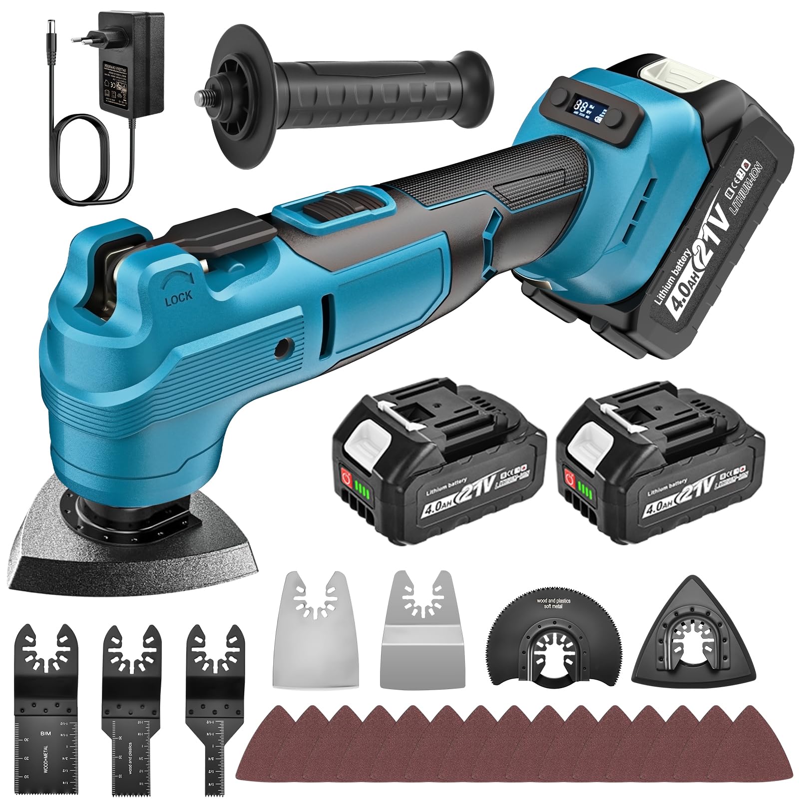 Yofuly Utensile Multifunzione Oscillante Compatibile con Batterie Makita 18V - 6 Velocità Aggiornate + Modalità Automatica, 2 Batterie Da 4,0 Ah, Multitool Per Taglio, Levigatura, Molatura