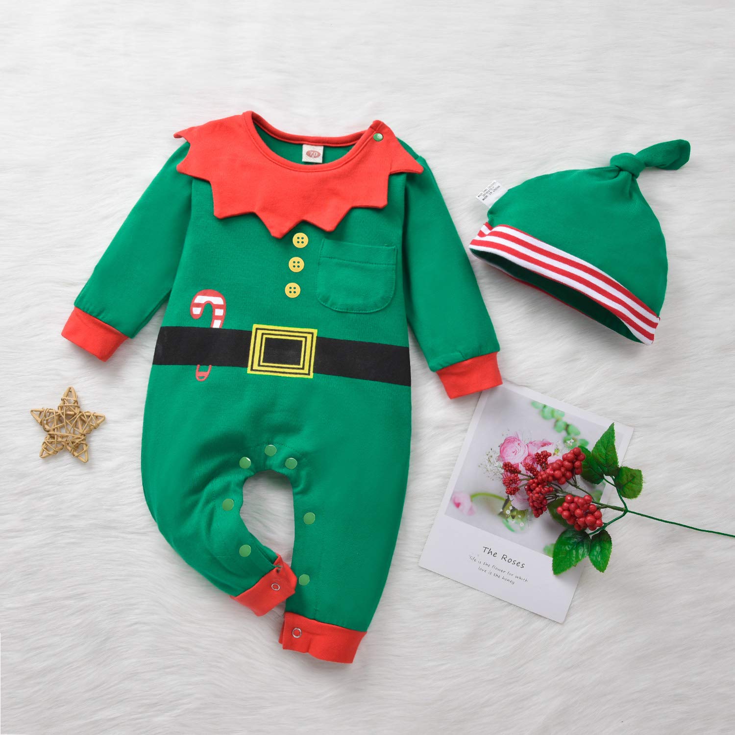 T TALENTBABY Weihnachten Kostüm Baby Kleidung Mädchen Jungen 0-3 Monate, Baby Overall Winter, Christmas Santa Elf Babykleidung Strampler, Grün Walkoverall Outfit, Neugeborenen Geschenk Set