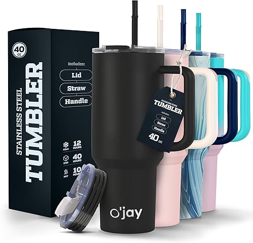 O'JAY Vaso aislado de 40 onzas con asa y tapa con popote, 100% a prueba de fugas, taza de viaje apta para portavasos - Vaso aislado de acero