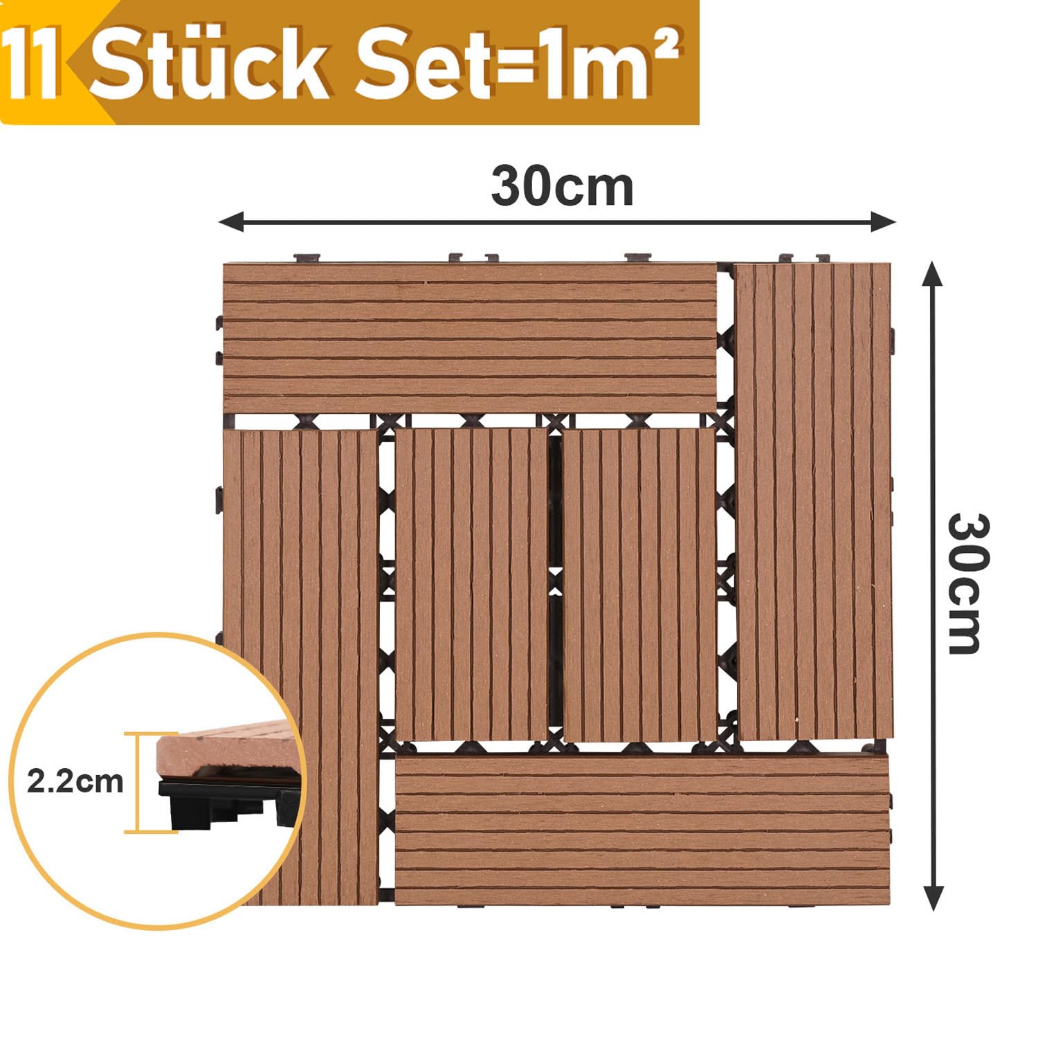 WPC Piastrelle per terrazza, 30x30cm 33 pezzi / 3m² Piastrelle per balcone a incastro con sistema di clic, impermeabili e antiscivolo, Adatti per balcone e giardino, Marrone