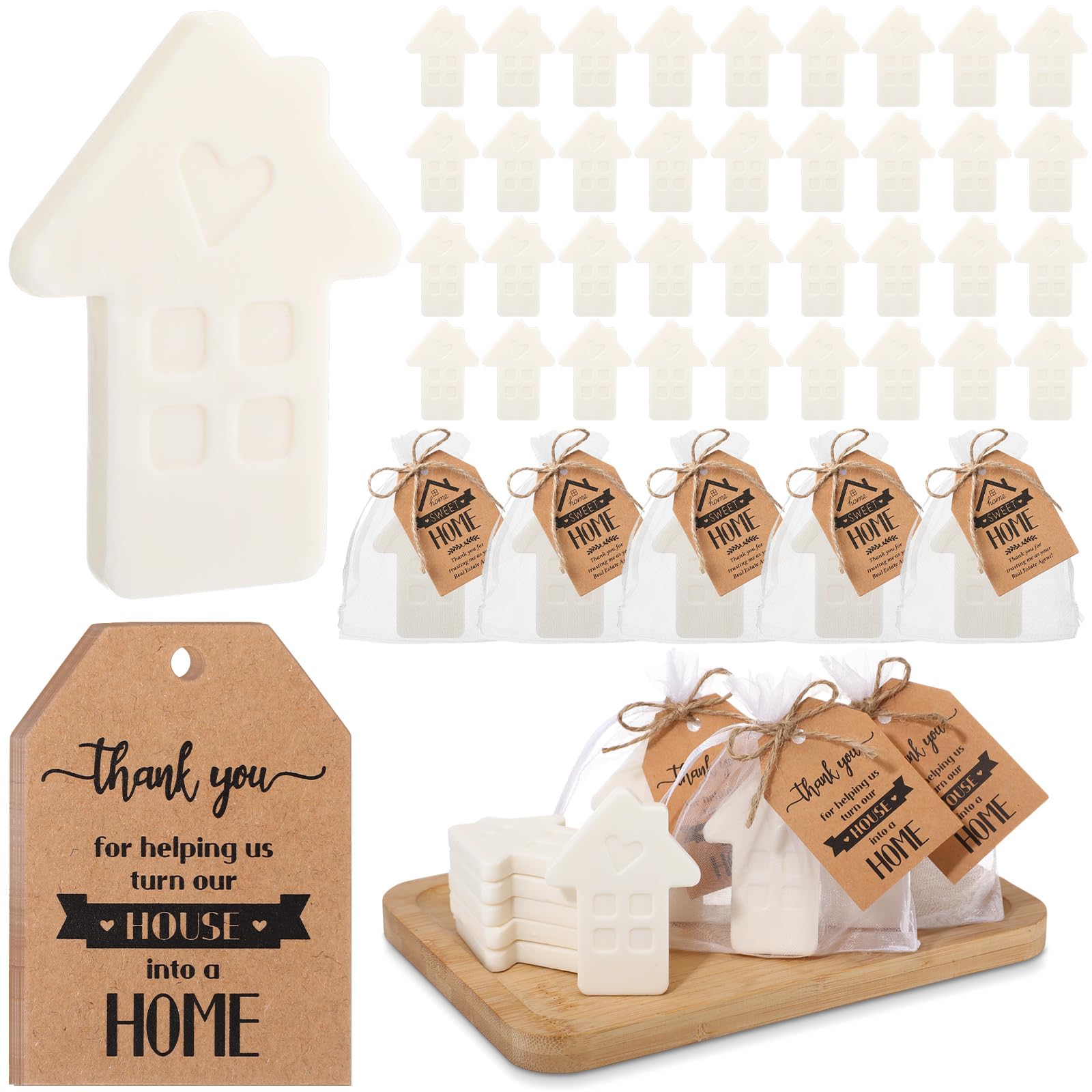 Photo 1 of **HAS BROKEN PIECES*** Swiffen 50 Sets Housewarming Party Favor Short House Shaped Soap Mini Soap with Thank You Tag Organza Bags Twine New Home Return Gift Idea for Guests Sweet Home House Warming Decorations