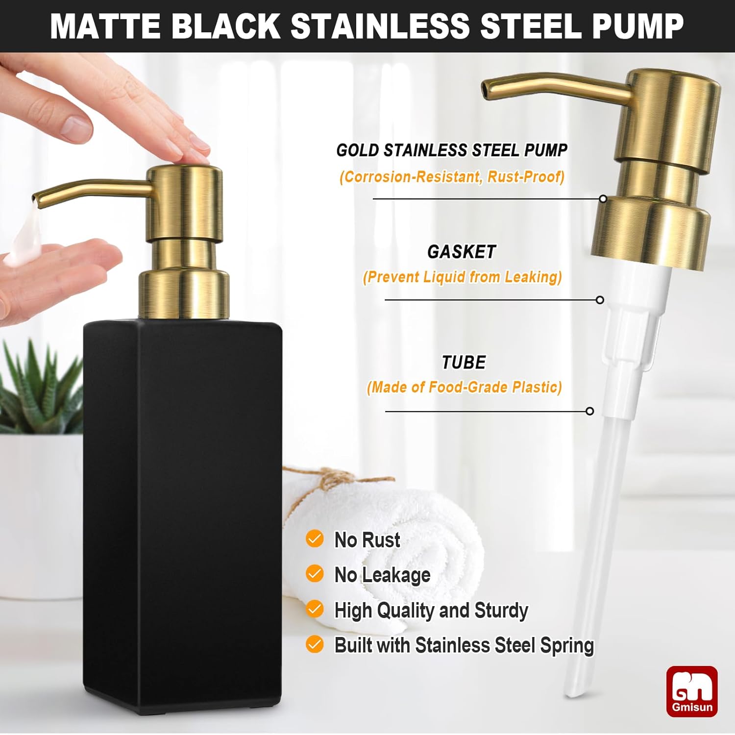 GMISUN Gold Soap Dispenser, Black Soap Dispenser Bathroom with Stainless Steel Pump, Hand and Dish Soap Dispensers Set for Kitchen, 12 fl oz/350ml Glass Liquid Refillable Lotion Dispenser Bottle - Image 3