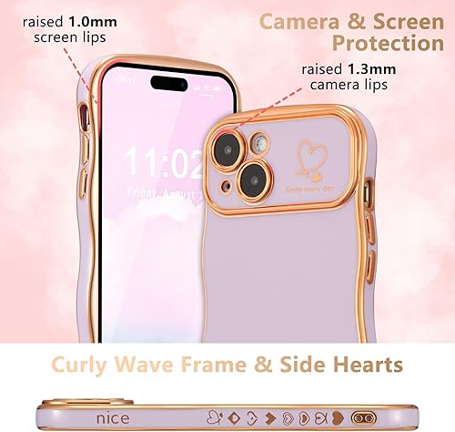 Miniatura 2 de ZTOFERA Funda para iPhone 14 de 6.1 pulgadas, bonita funda con marco ondulado rizado con patrón de corazón de amor, borde chapado de lujo,