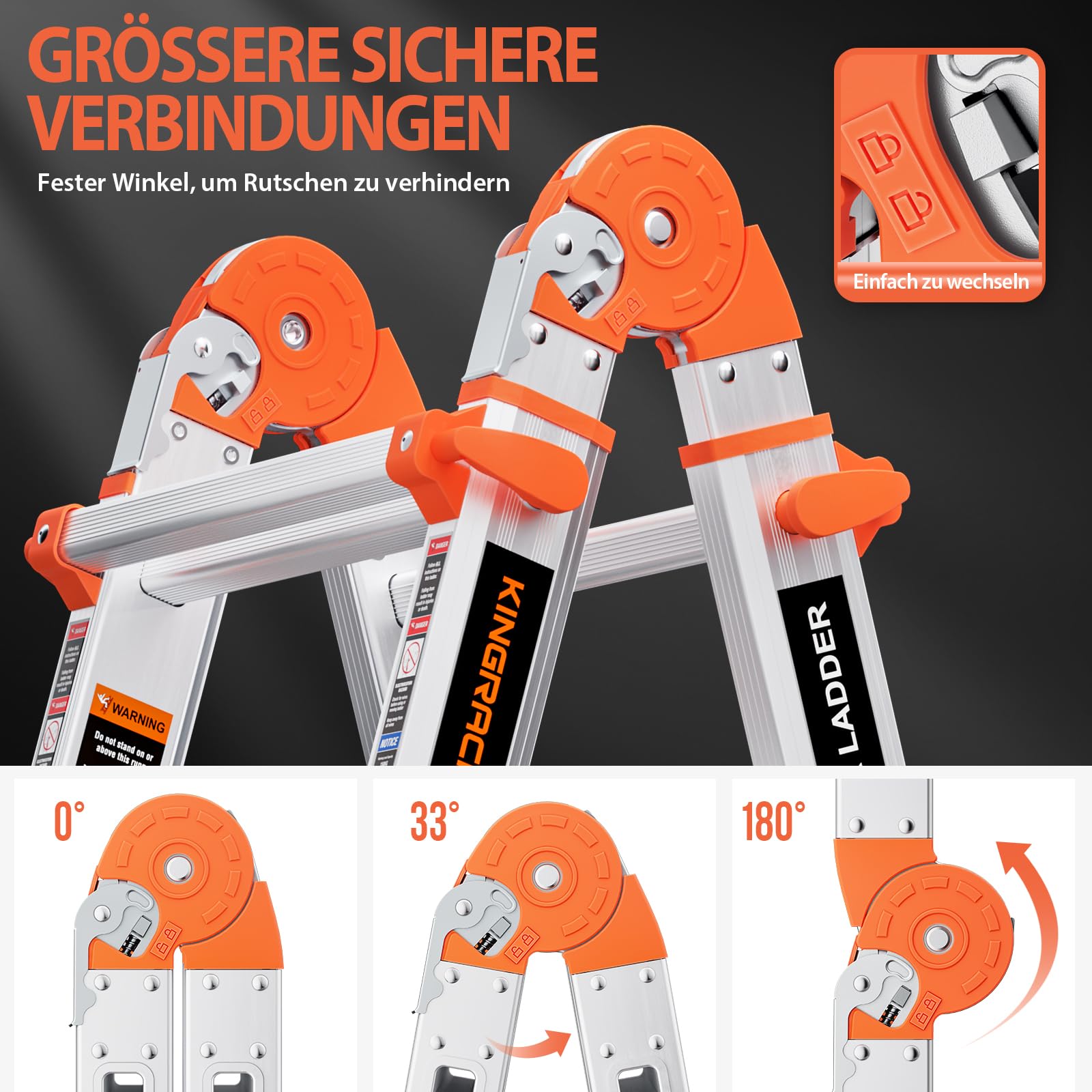 KINGRACK Aluminium Teleskopleiter 4,17 M 4x4 Sprossen Mehrzweckleiter, Rutschfeste Multifunktionsleiter mit Stabilisatorstange, Aluleiter Treppenleiter Bockleiter beidseitige Steh Belastbar bis 150 kg