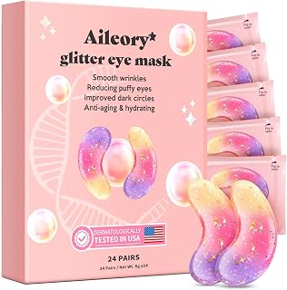AILEORY Tri-Color Glitter Under Eye Patches (24 Pairs) - Collagen Gel Masks for Dark Circles, Puffiness, Wrinkles, Vegan Eye Pads Gift for Her