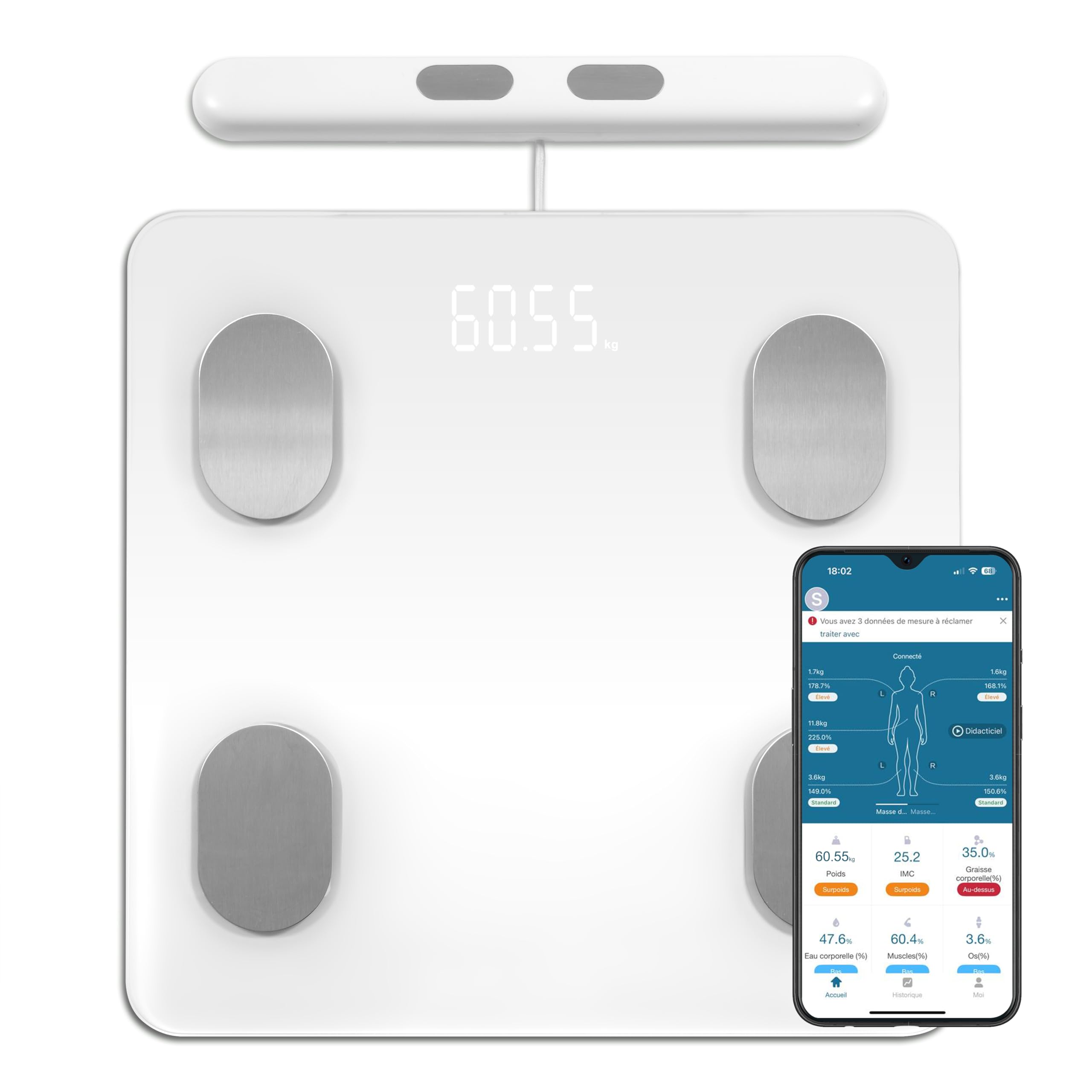 Livoo - Pèse-personne impédancemètre connecté DOM531W - 15 indicateus corporels, jusqu'à 180kg, 16 mémoires utilisateurs