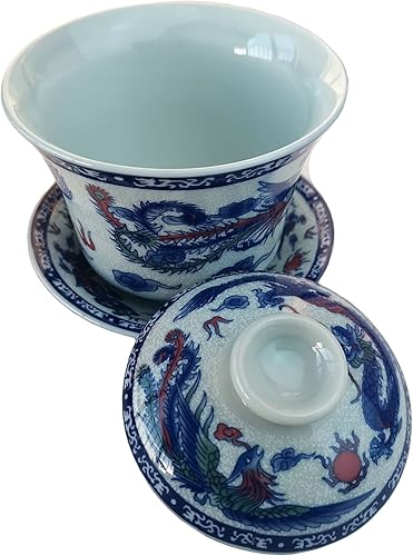 Miniatura 4 de Gaiwan - Juego de té de porcelana con diseño de panoya chino (4.7fl oz, diseño de dragón y fénix)