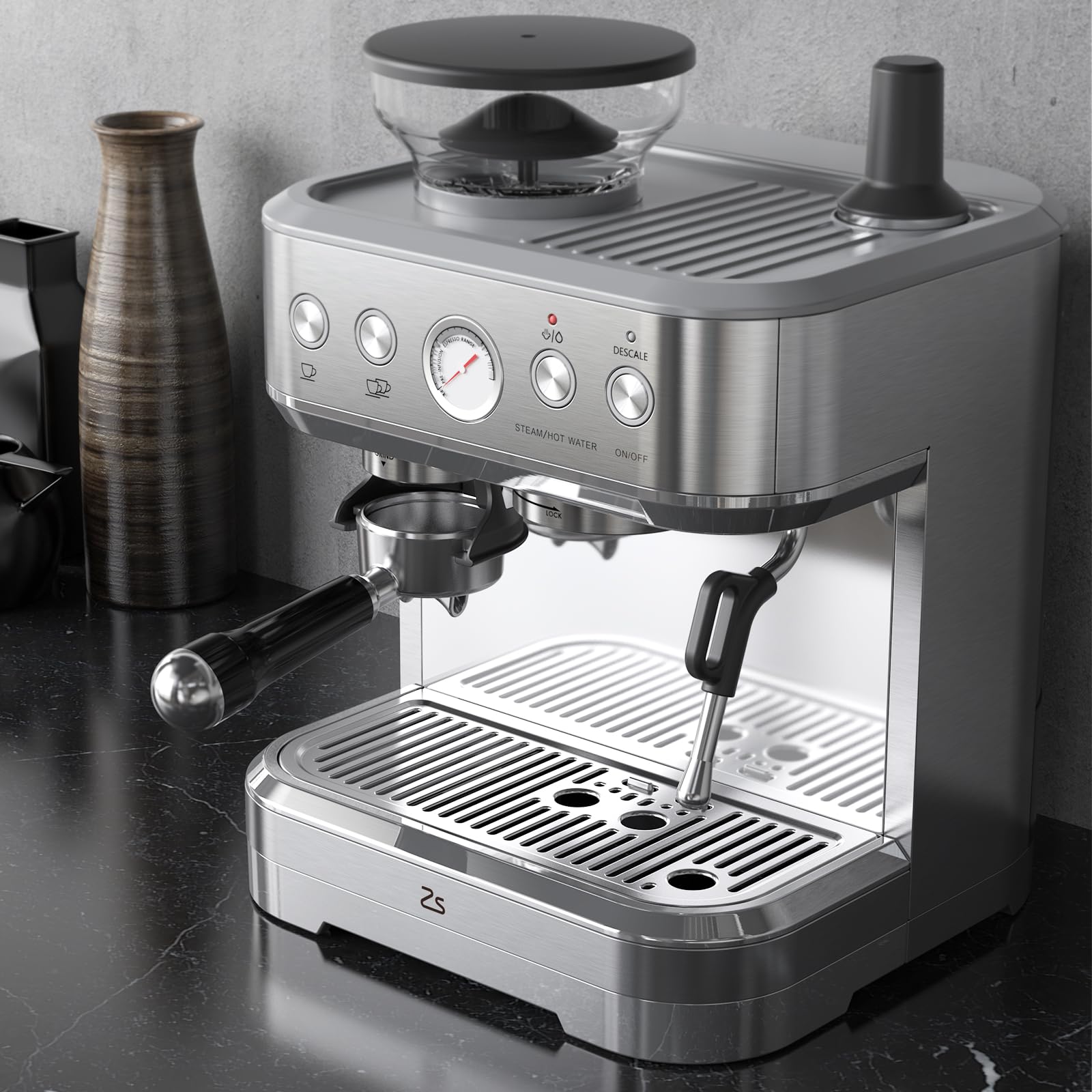 Macchina da caffè caffè automatica con macinacaffè integrato - 15 bar - controllo PID - 1350W - 8 livelli di macinatura - serbatoio 2,3L - beccuccio vapore professionale - acciaio inox -