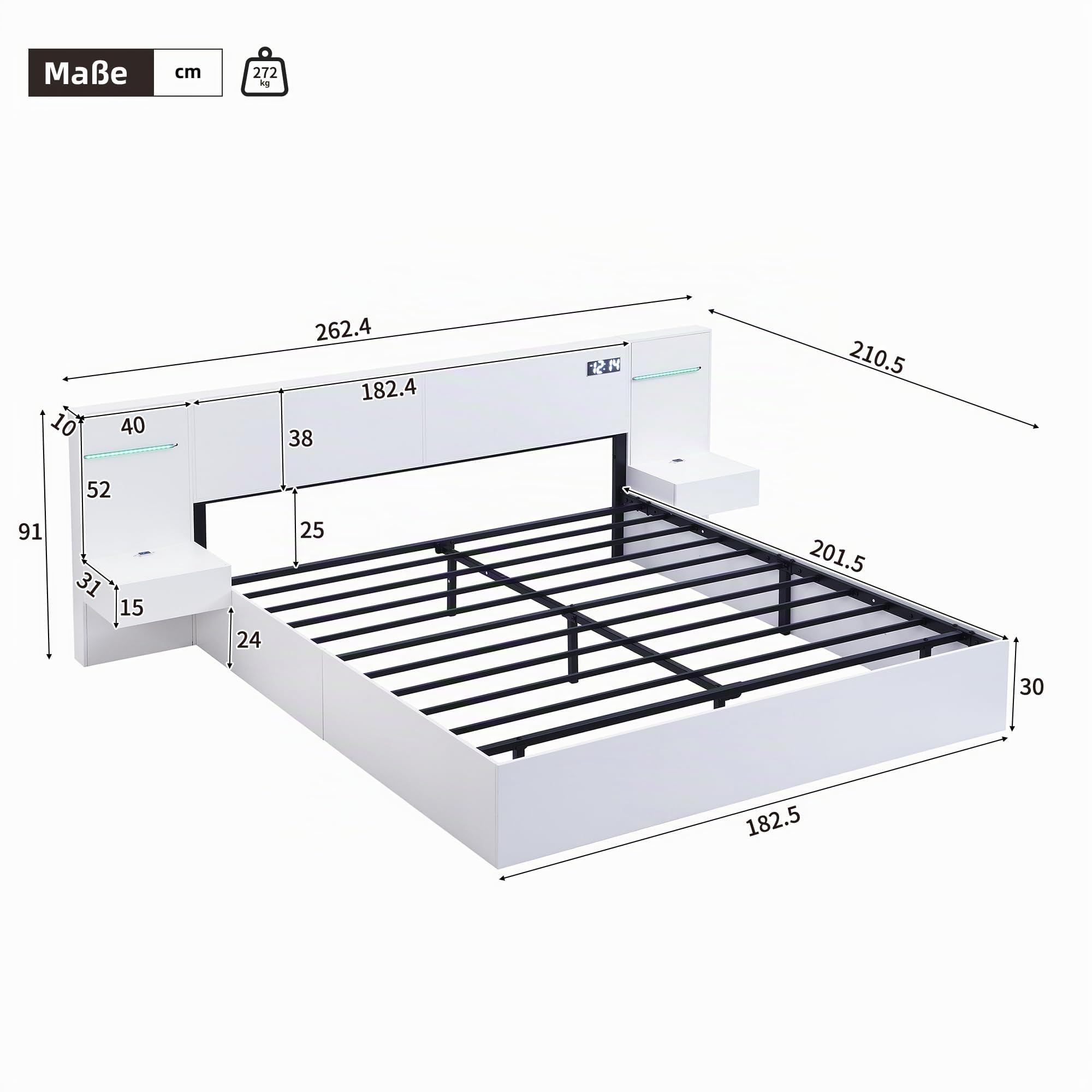 Mrwoo Polsterbett 180x200cm, Holzbett mit USB und Anschluss, Doppelbett mit Bluetooth- Lautsprecher und Farblichtleiste, Weiß (Ohne Matratze)