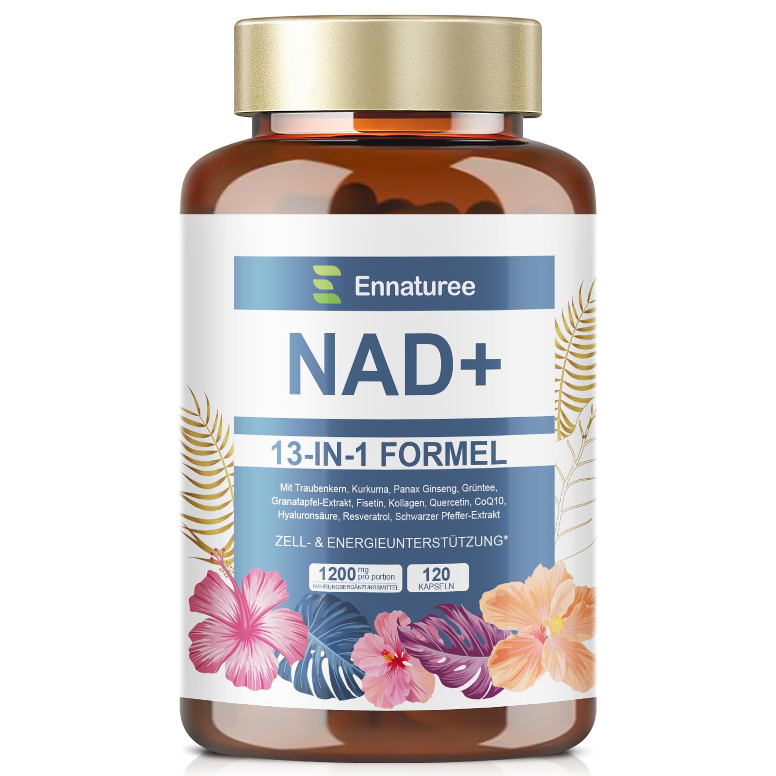NAD Plus, NAD Supplement 1200mg Hohe Absorption mit Traubenkern, Kurkuma, Panax Ginseng, Advanced Komplex 13 in 1 mit Liposomaler Technologie & Maximale Bioverfügbarkeit, 120 Kapseln