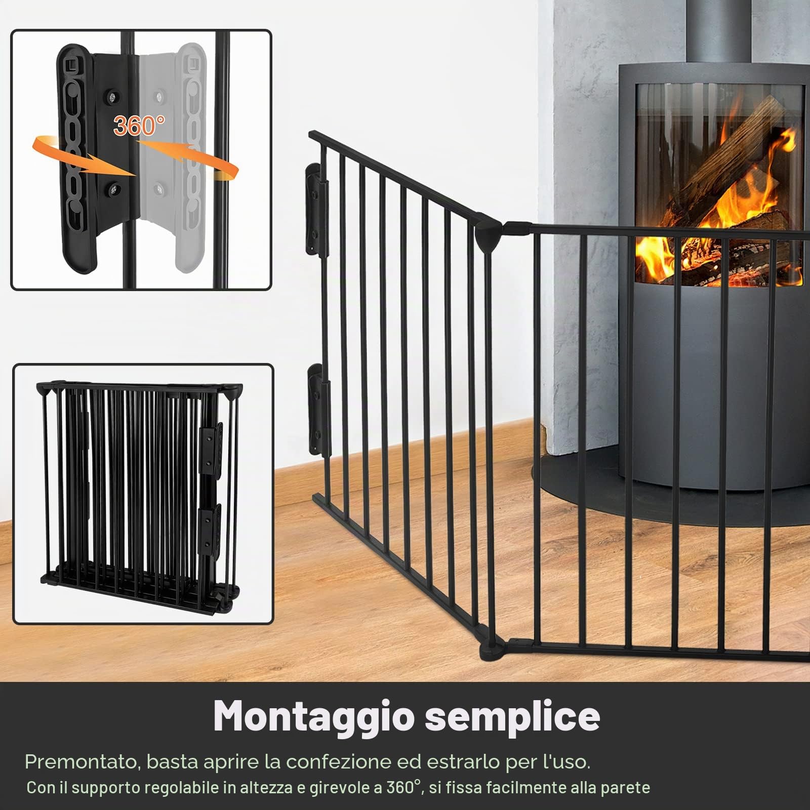 UISEBRT Cancelletto di Protezione per Camino, Sicurezza Barriera Protettiva Pieghevole per Bambini, Cani, Animali, Stufa, 300 x 75 cm, 4 pezzi, Nero