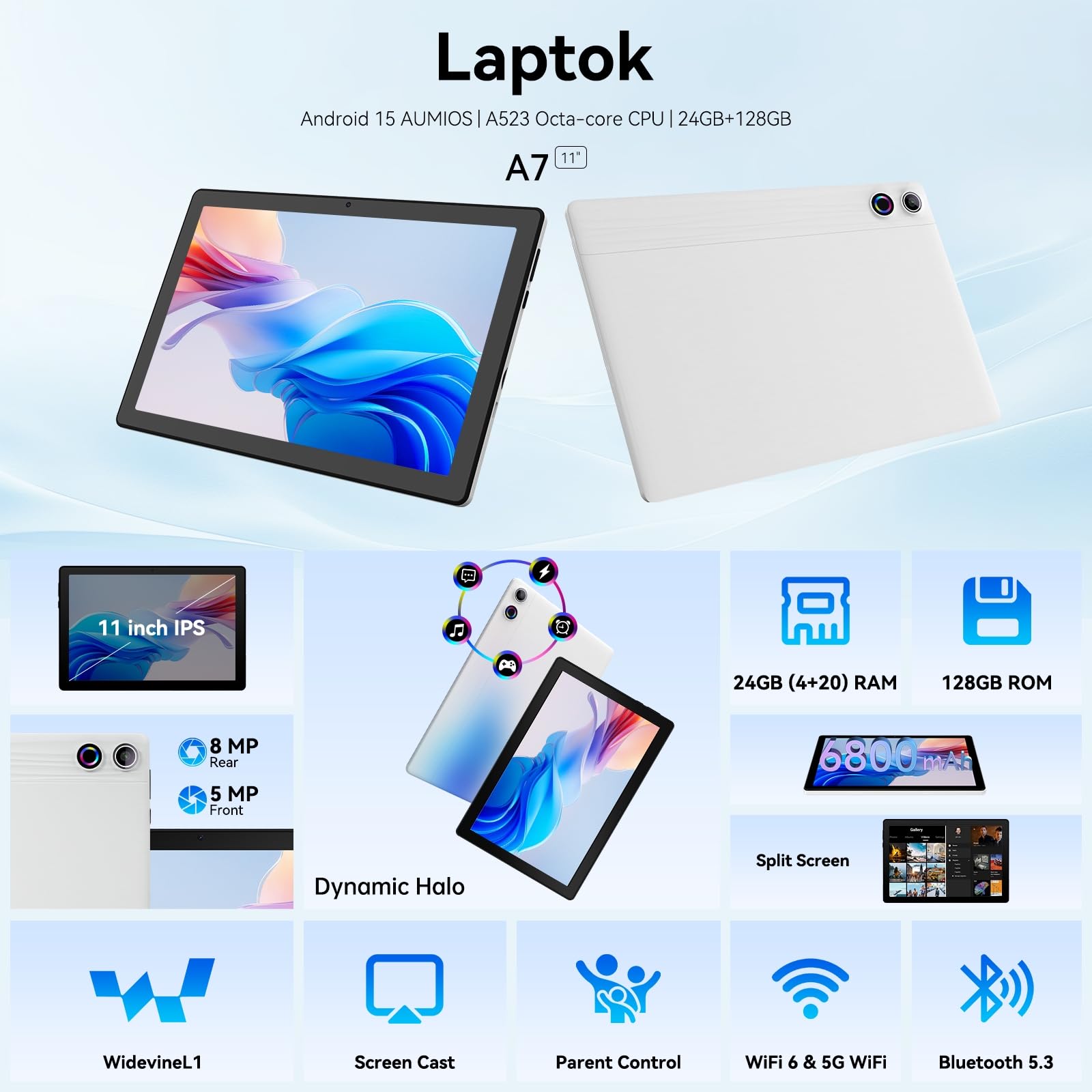 Laptok Tablet 11 pollici Android 15 Tablet con Octa-Core, Face ID, 24GB+128GB+1TB Espansione, 1280 * 800 HD IPS Touchscreen, tablet Android con WiFi 6 BT5.3, Doppia Fotocamera 5MP+8MP, Widevine L1