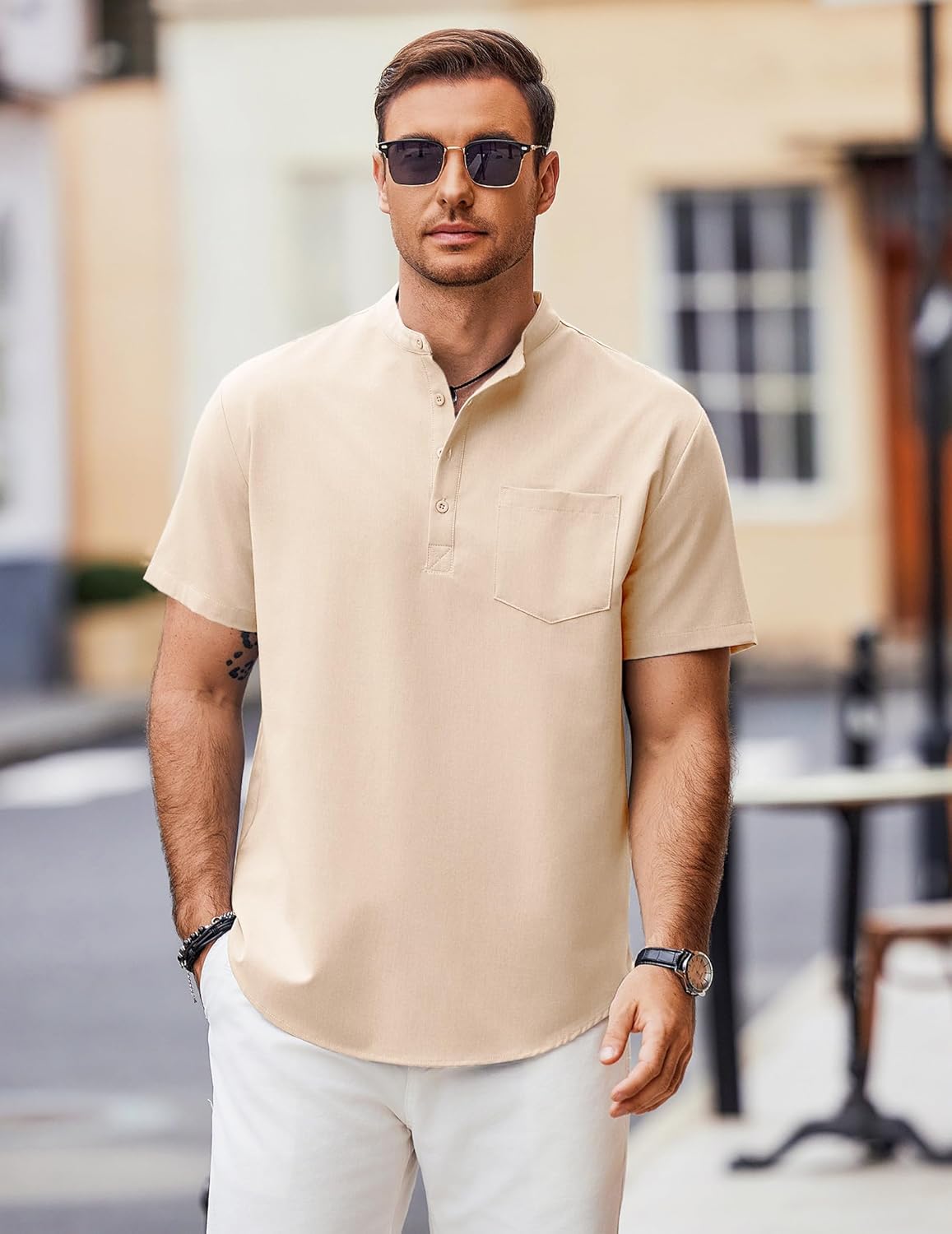 COOFANDY Mens Casual Henley Shirts Band Collar Short Sleeve T-Shirts Summer Stylish Beach Hippie Shirt - Image 4