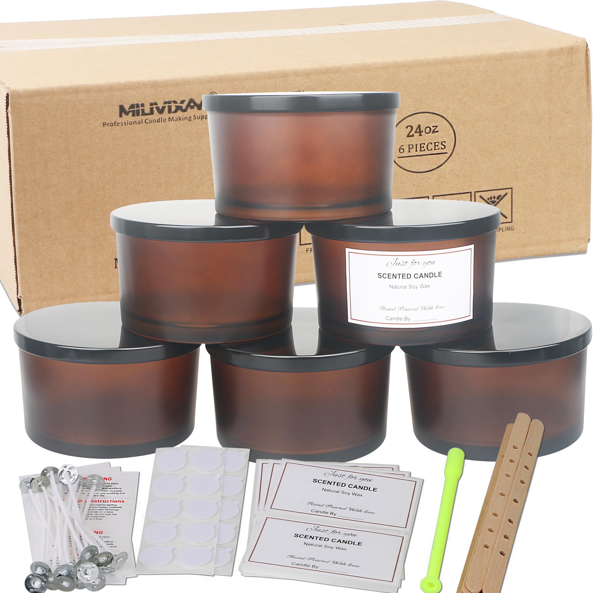 MILIVIXAY 6 Pack 24 oz Candle Jars with Metal Lids and Candle Making Kits - 3 Wick Candle Jar,Bulk Empty Frosted Amber Thick Glass Jars for Making Large Candles - Spice, Powder Containers.