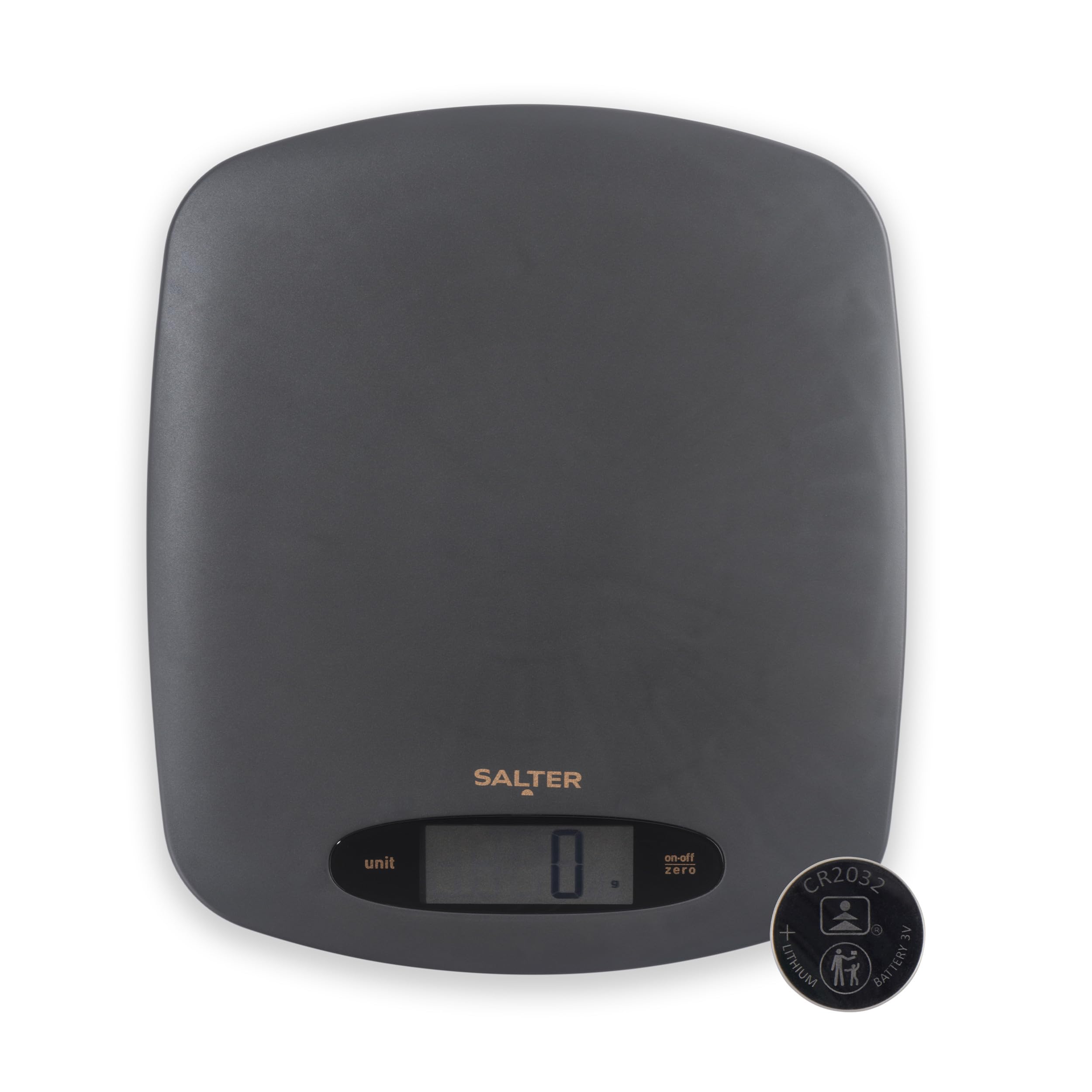 Salter Pebble Digital Kitchen Scale – Electronic Baking Scale, ‘Add & Weigh’ Tare Function, Aquatronic Function, Measures Liquids, 5kg Capacity, Metric/Imperial Measures, LCD Display, Grey