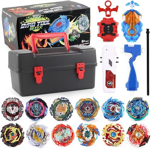 Burst Gyro Blade Set - 12 tapas giratorias, 2 lanzadores, juego de combate de fusión de metal en caja de almacenamiento portátil para niños, niños a