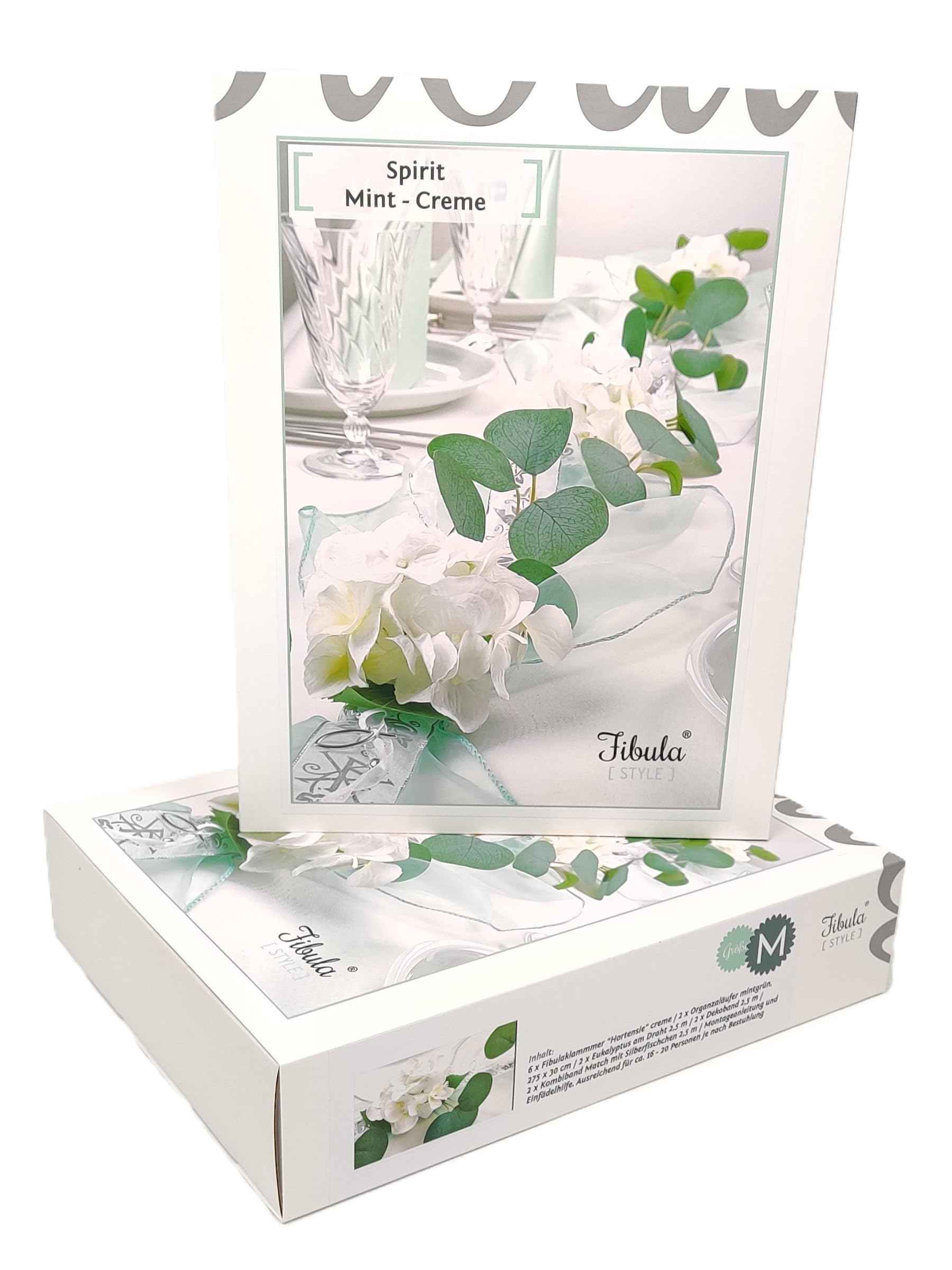 Tischdeko Set für 16-20 Personen in Mint-Creme. Festliche Deko für Taufe, Kommunion & Konfirmation im Greenery Design mit Eukalyptus und Hortensien. Komplett Set "Spirit" Gr. M von Fibula [STYLE]