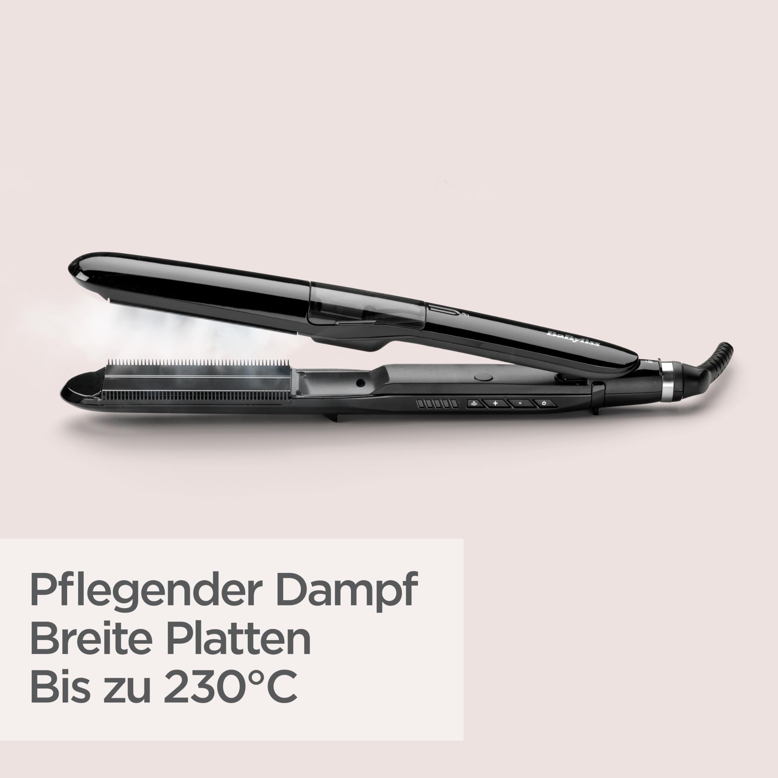 BaByliss Steam Straight Hair Glätteisen – Feuchtigkeitsspendendes System für weicheres Haar, Titan-Keramik-Platten für glattes Styling, 5 Temperatureinstellungen von 150°C bis 230°C, ST492E