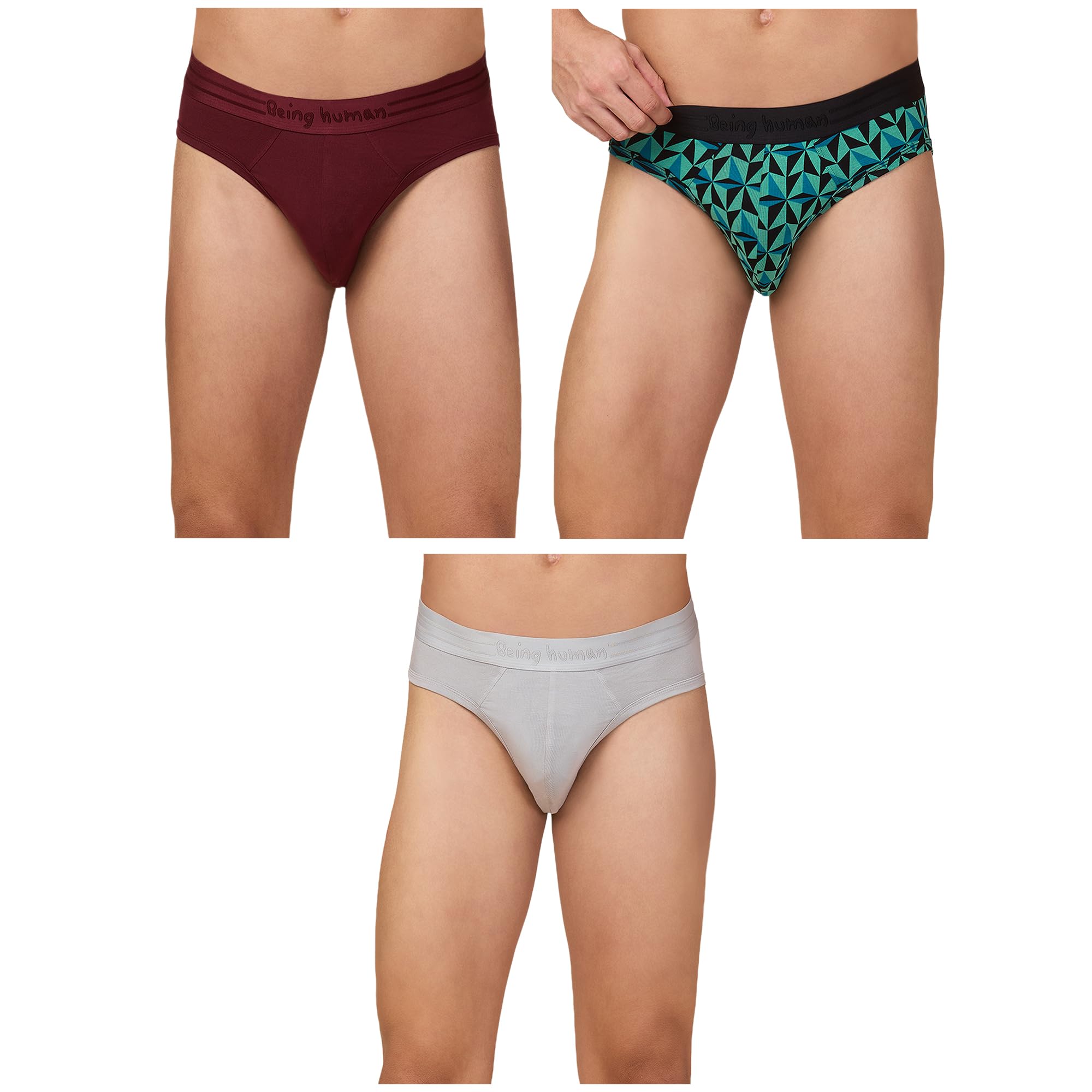 being human Pack of 3 Men's Briefs Clothing (Wine,Grey,Black Print)-picture-38