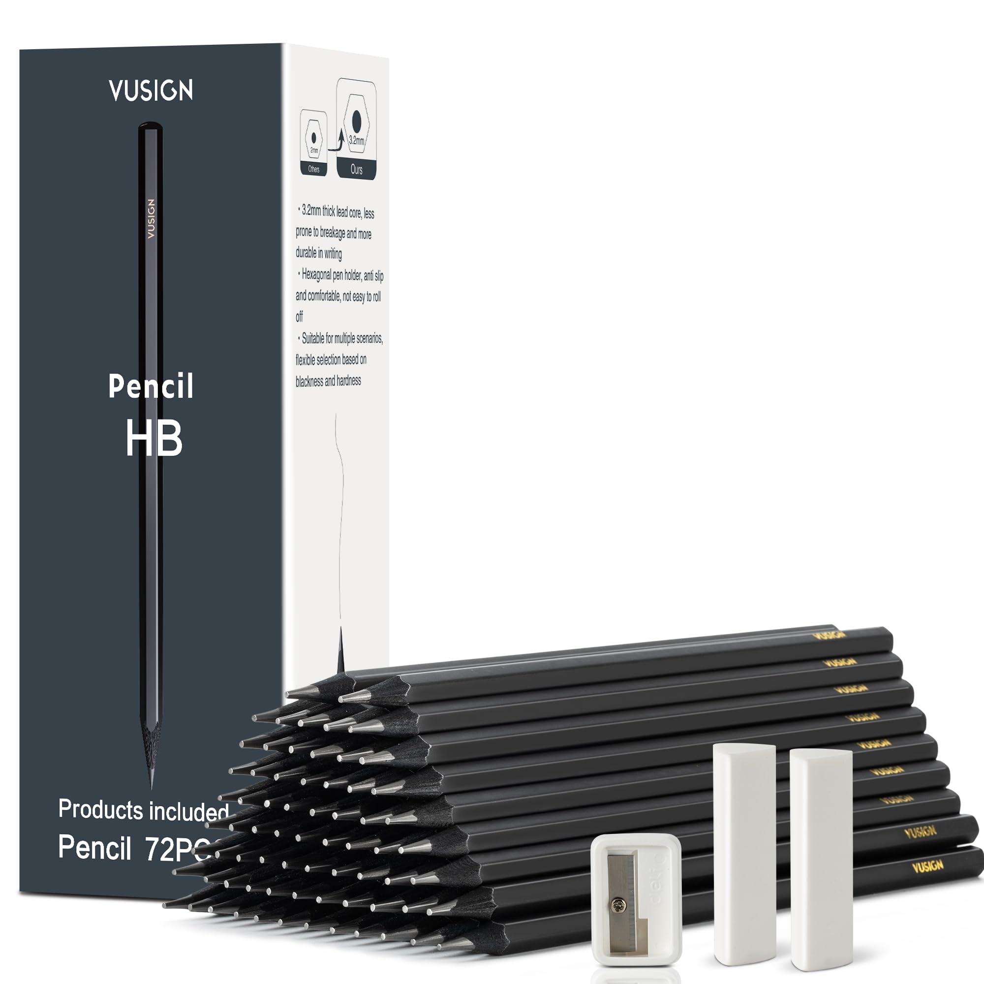 VUSIGN #2 Pencils Bulk, 72 Pack Pre-Sharpened HB Pencils, With 1 Sharpener & 2 Erasers for School, Office, Writing, Drawing Use,Black