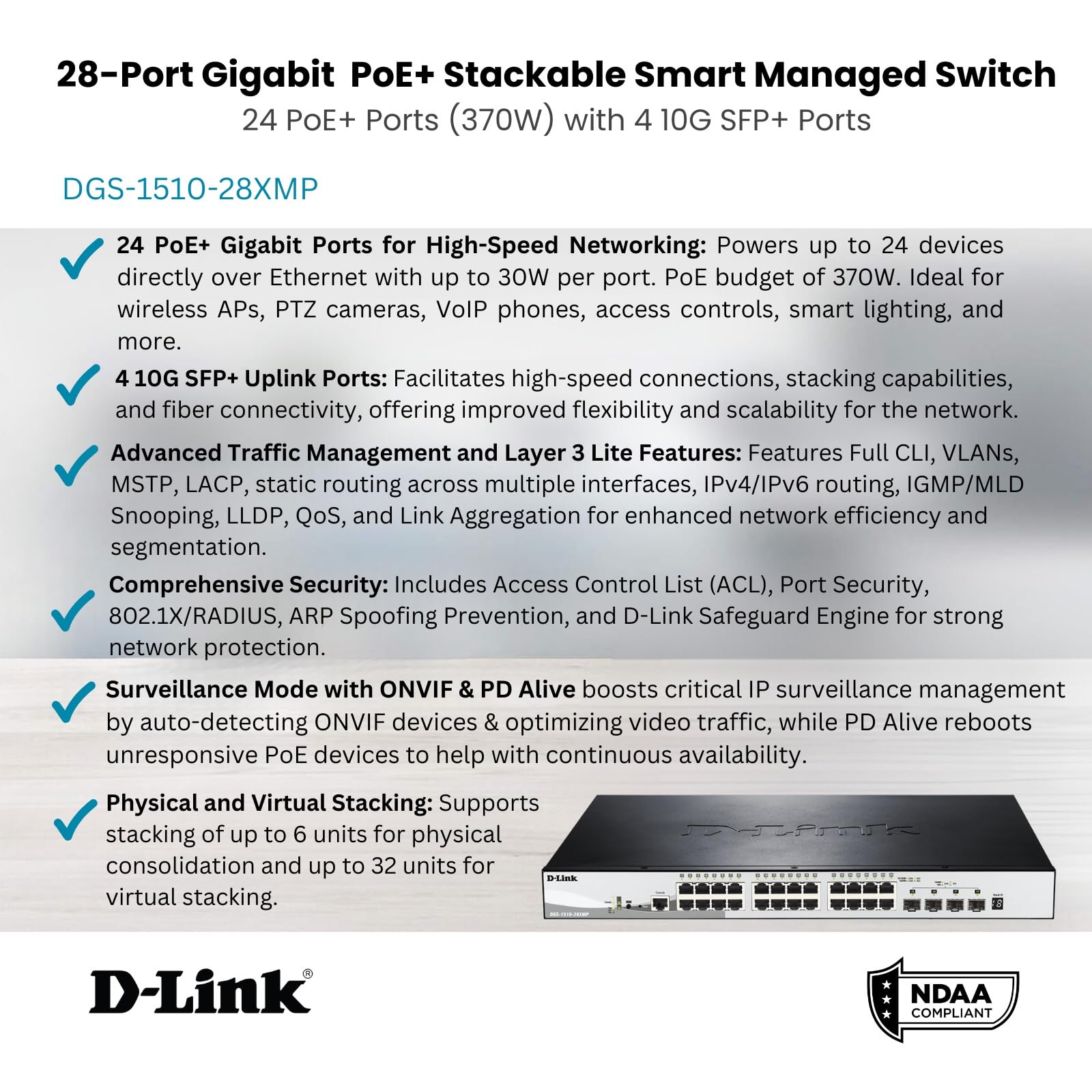 D-Link DGS-1510-28XMP Switch Smart Manageable 28 Ports Gigabit 10/100/1000mbps avec POE+- Idéal pour Entreprise Administration et Réseaux Gérés