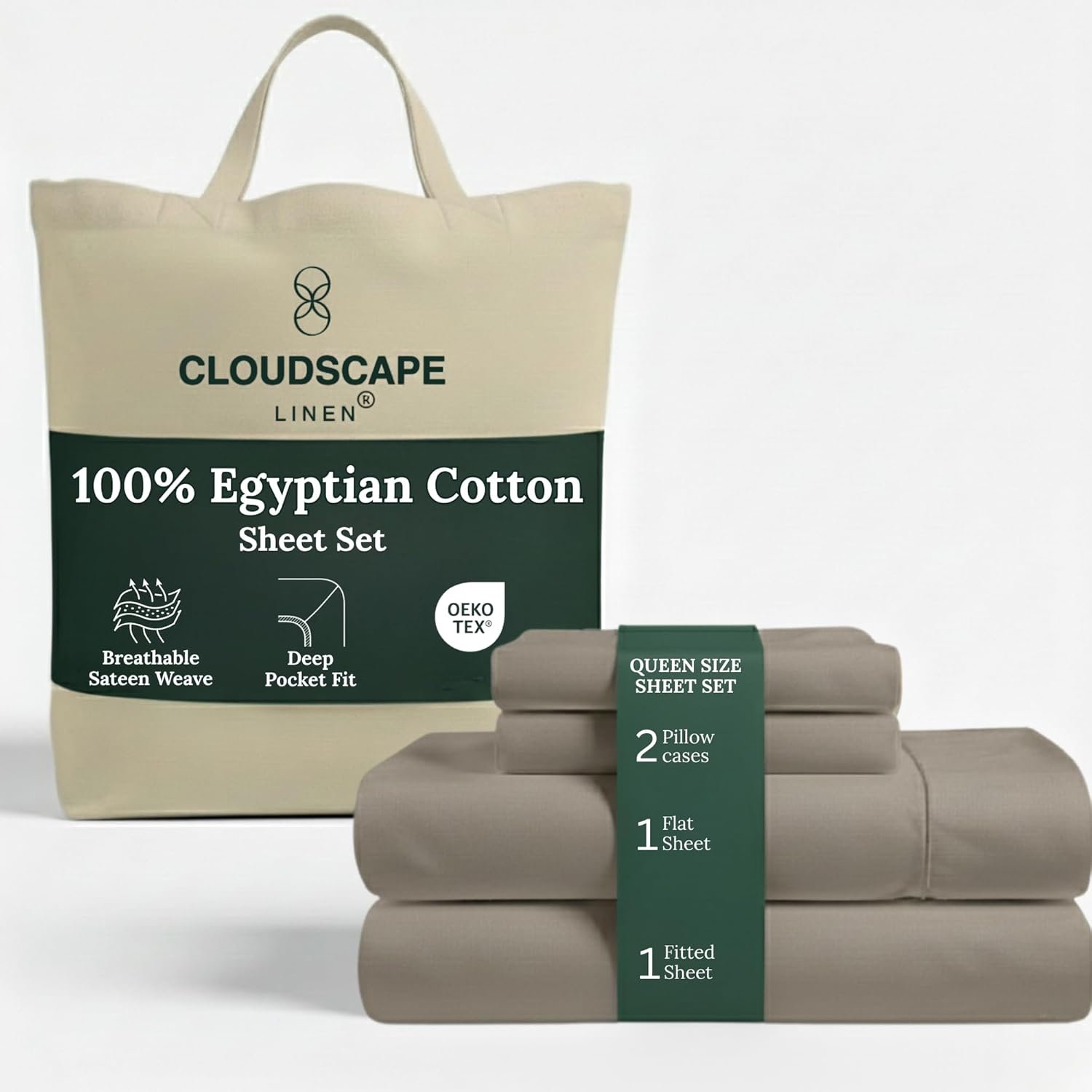 Cloud Scape Linen 100% Egyptian Cotton Sheets Queen Size, 4 Piece Breathable & Silky Sateen Weave Queen Sheet Set, Ultra-Soft & Perfect Cooling Hotel Luxury Sheets, Deep Pocket Fitted up to 15”, Taupe
