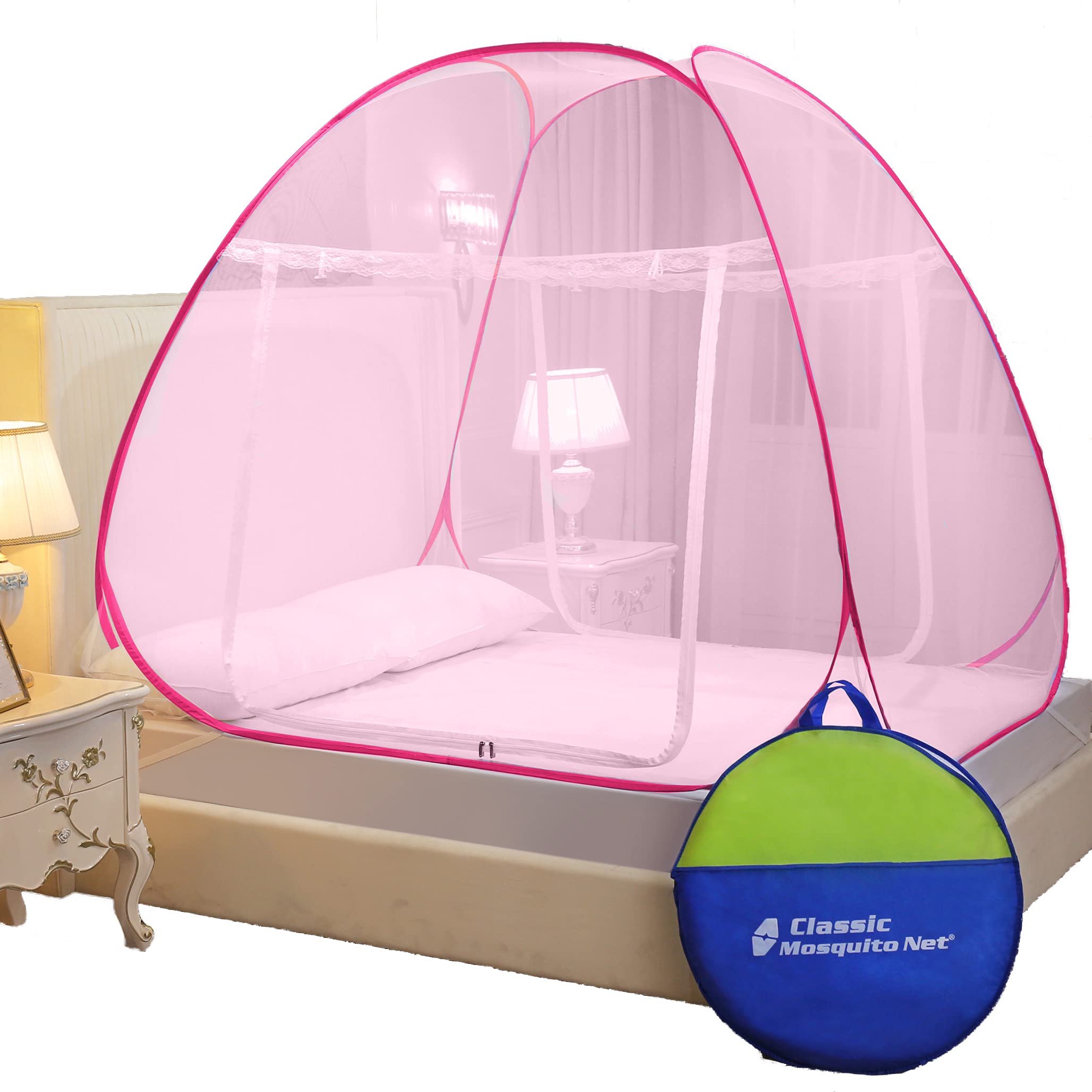 Classic Mosquito Net for Double Bed | King Size Foldable Machardani | Polyester 30GSM Strong Net | PVC Coated Corrosion Resistant Steel Wire - Full Pink