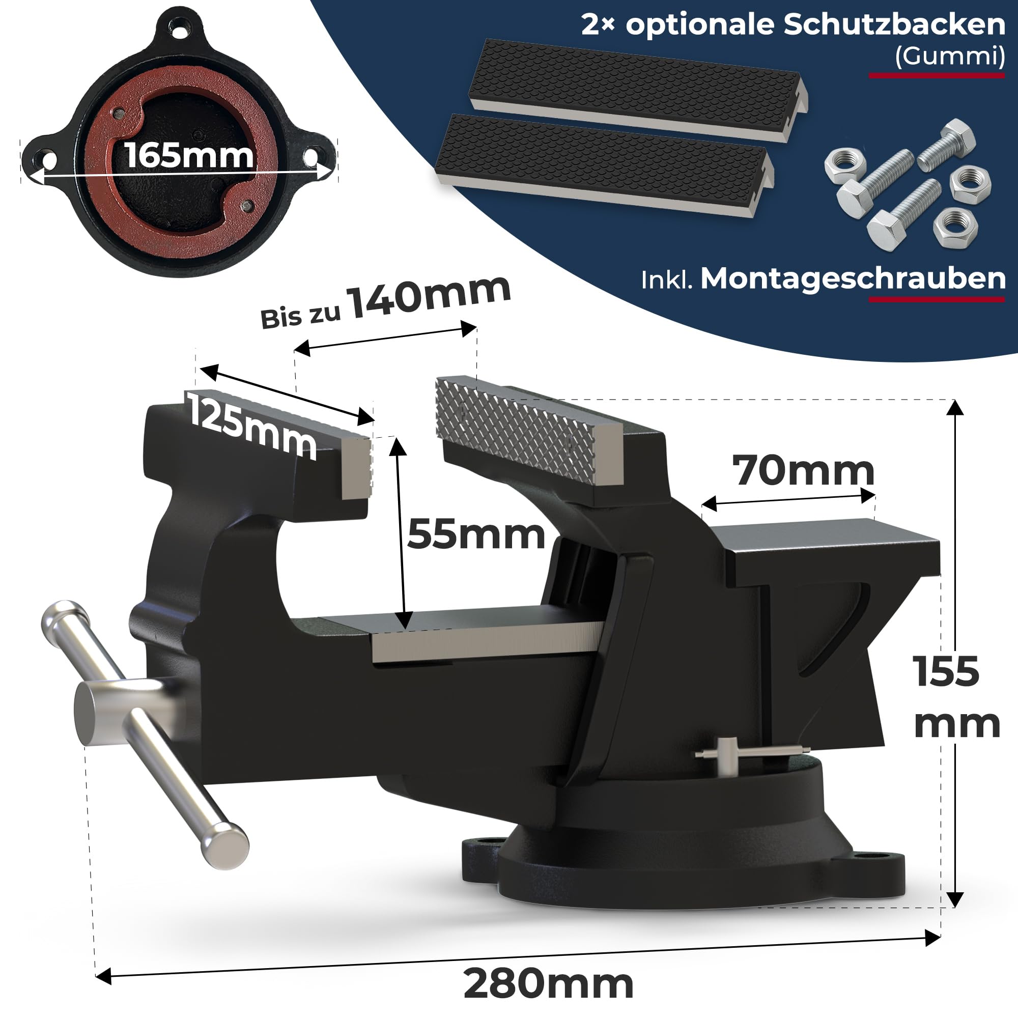 Profi Schraubstock 125mm aus Kugelgraphit-Gusseisen (Unzerbrechlich) | Inkl. 2 Gummi-Schutzbacken & Schrauben | 360° Drehbar mit Amboss | Robuster Werkstatt Parallelschraubstock